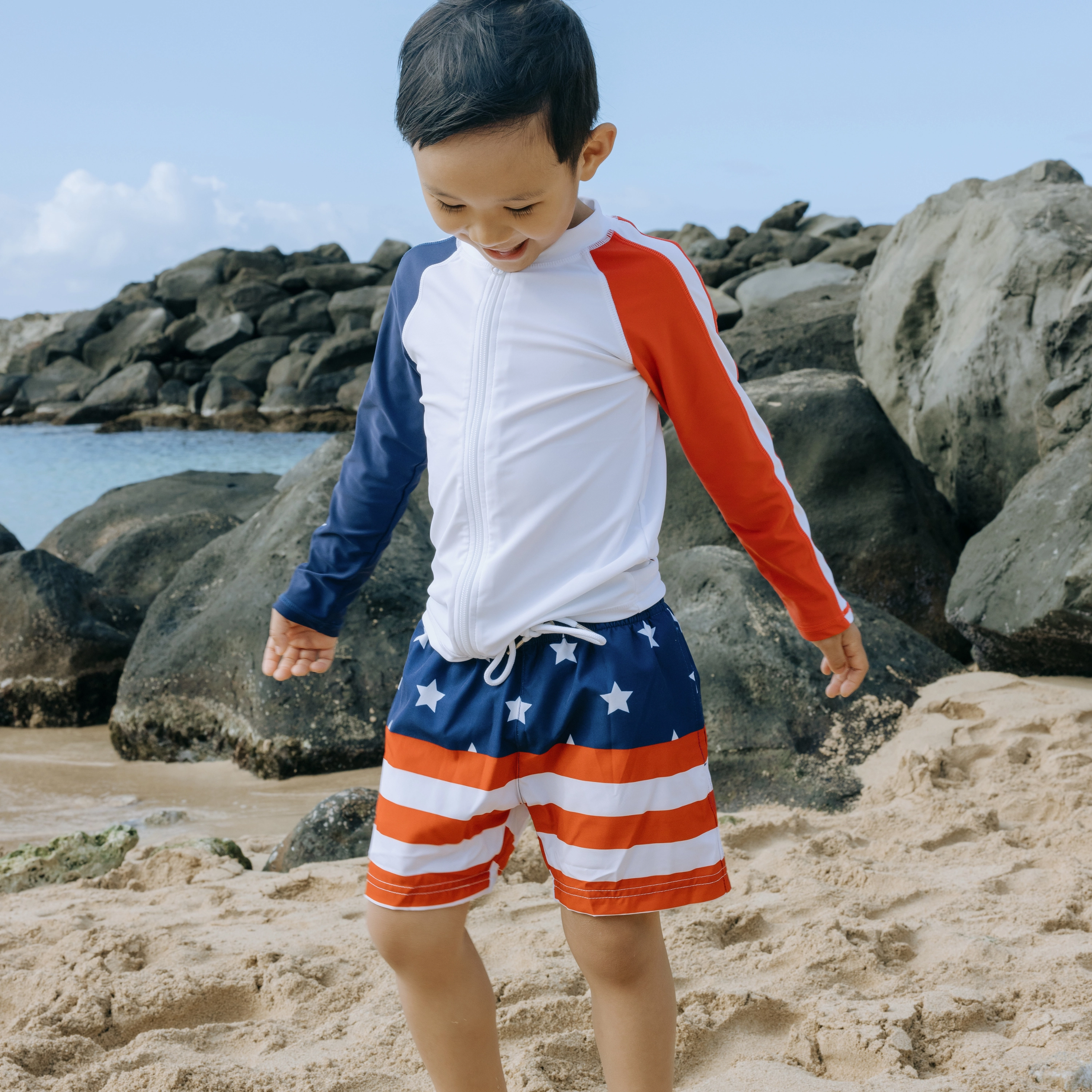 Boys Long Sleeve Zipper Rash Guard and Swim Trunk Set | "Americana"