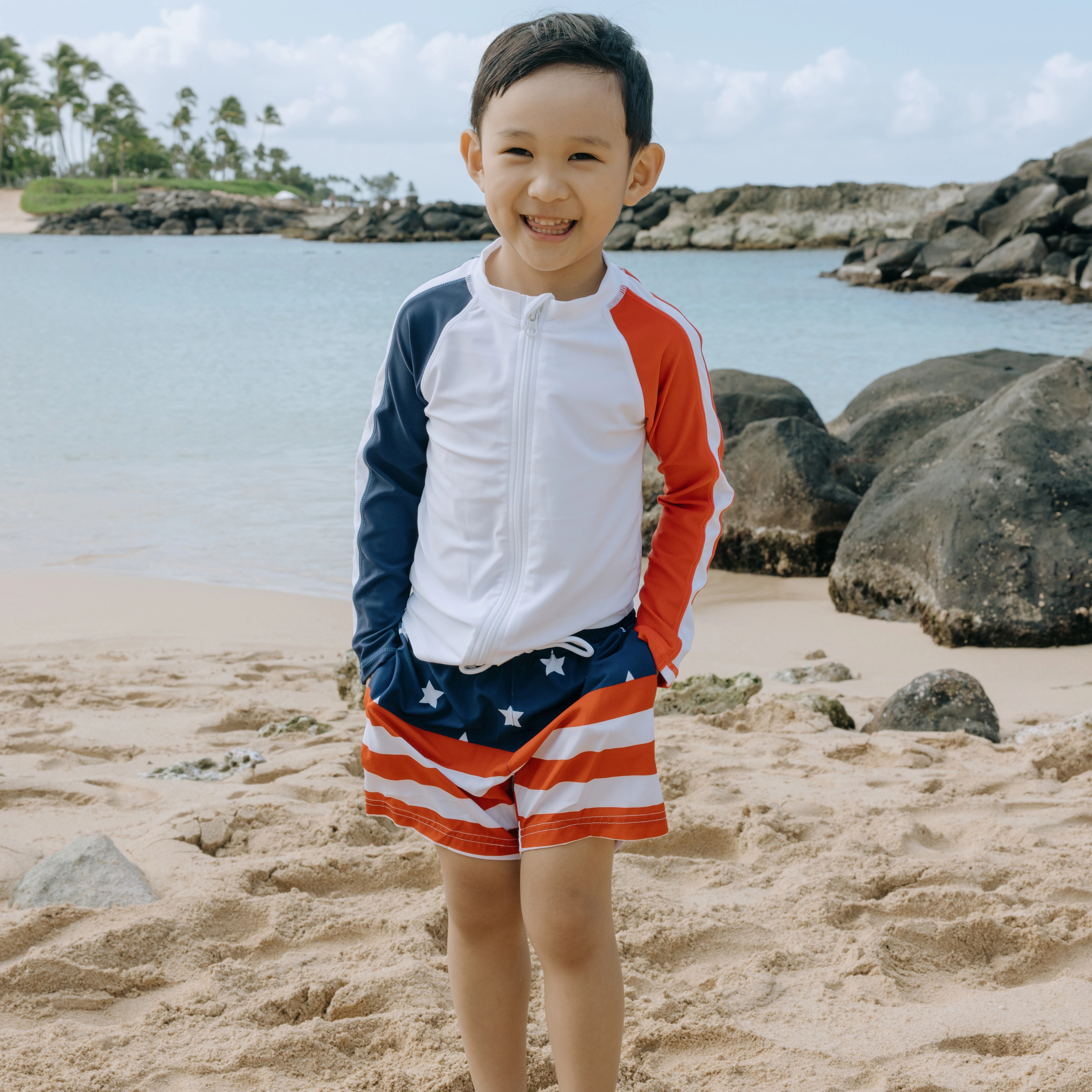 Boys Long Sleeve Zipper Rash Guard and Swim Trunk Set | "Americana"