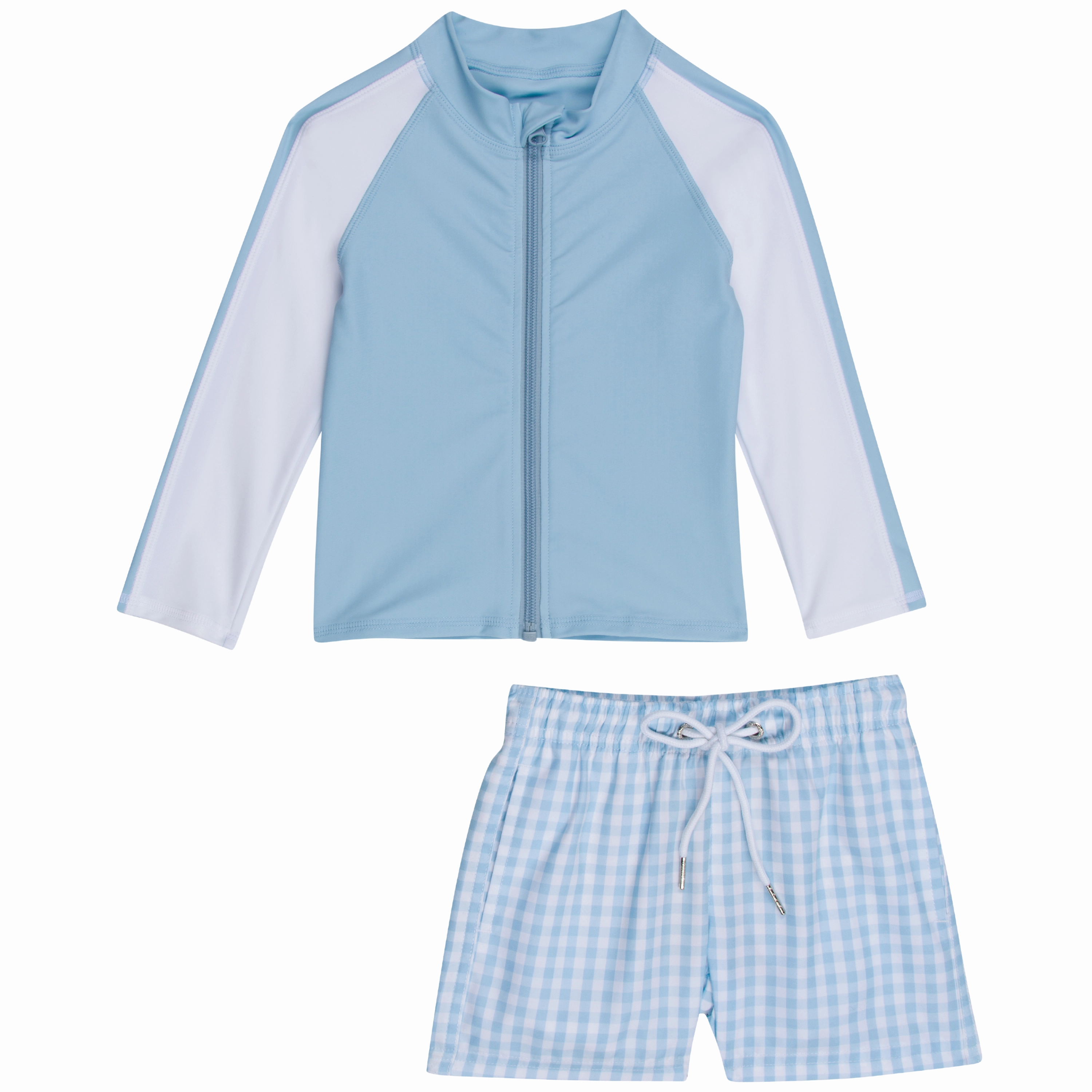 Boys Long Sleeve Zipper Rash Guard and Swim Trunk Set | "Blue Gingham"