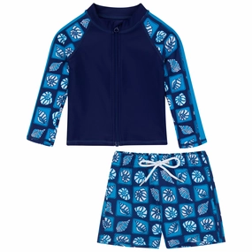 Boys Long Sleeve Zipper Rash Guard and Swim Trunk Set | "Coastal"