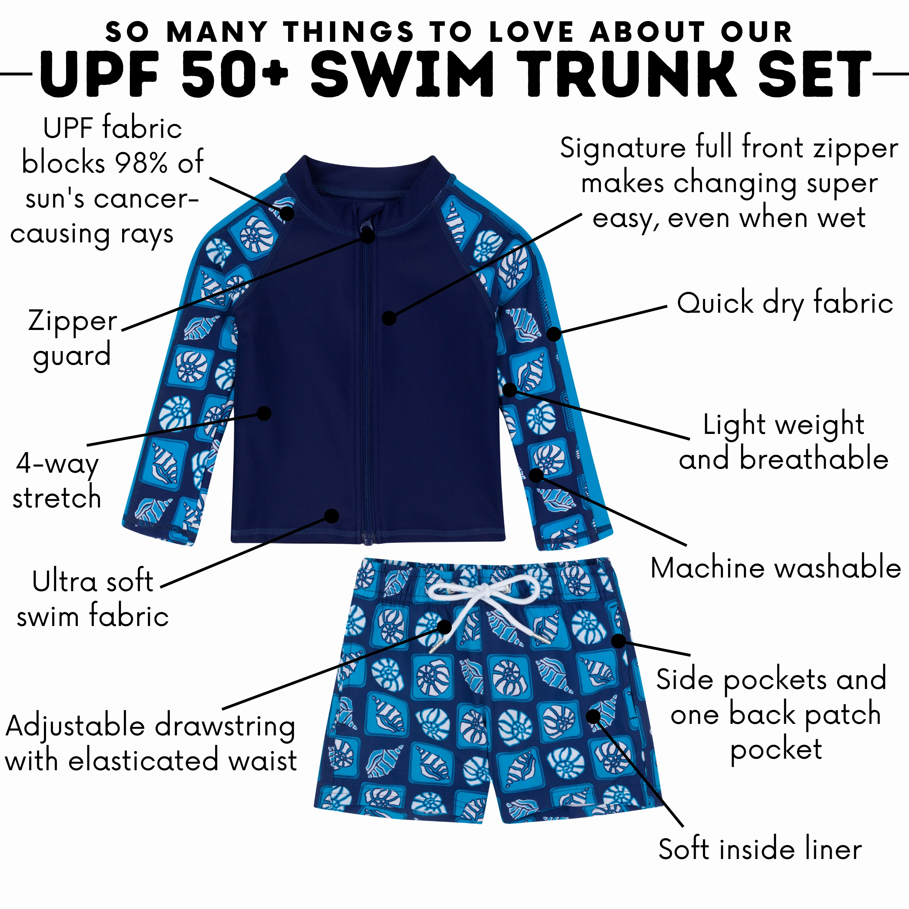 Boys Long Sleeve Zipper Rash Guard and Swim Trunk Set | "Coastal"