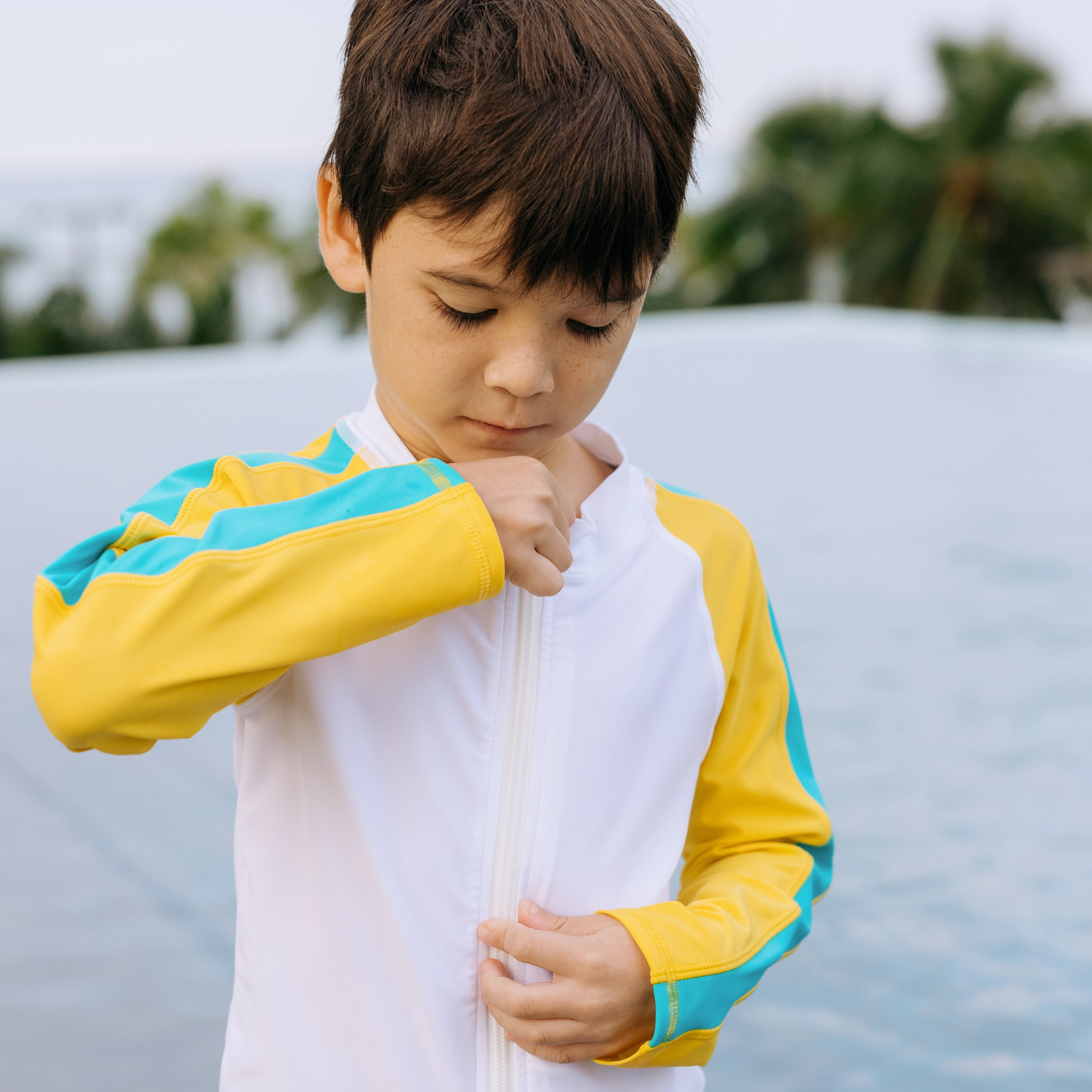 Boys Long Sleeve Zipper Rash Guard and Swim Trunk Set | "Color Pop"