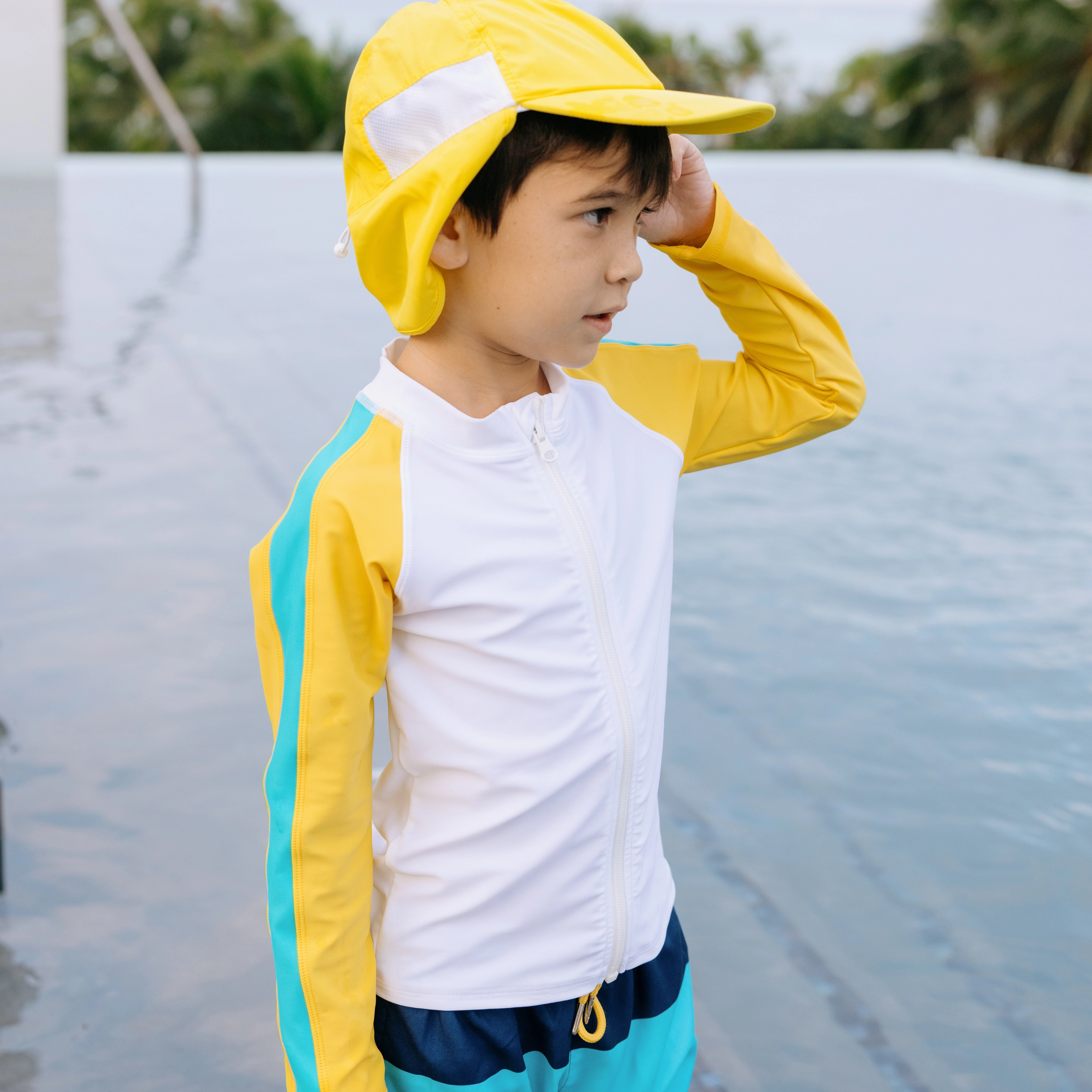 Boys Long Sleeve Zipper Rash Guard and Swim Trunk Set | "Color Pop"