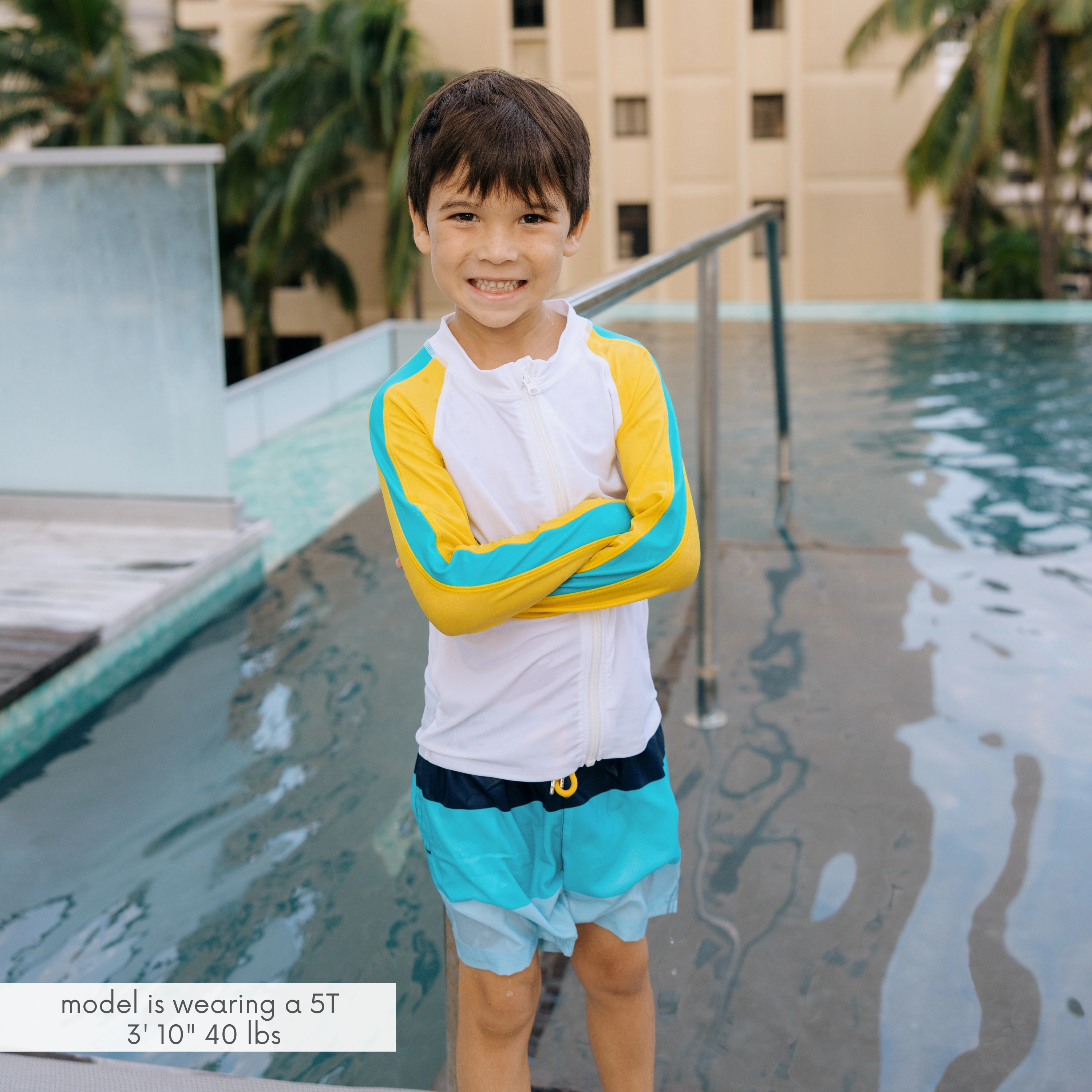 Boys Long Sleeve Zipper Rash Guard and Swim Trunk Set | "Color Pop"