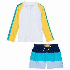 Boys Long Sleeve Zipper Rash Guard and Swim Trunk Set | "Color Pop"