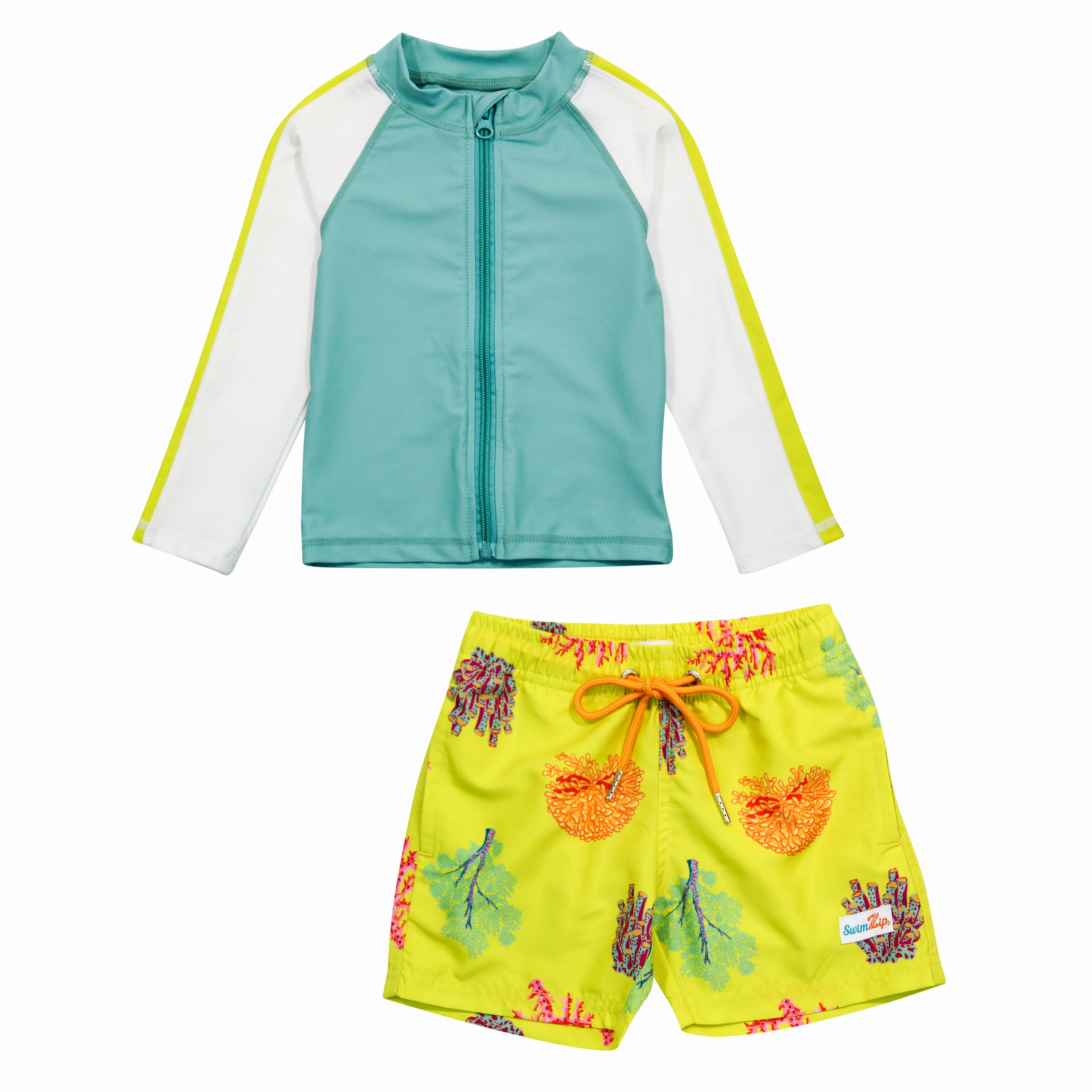 Boys Long Sleeve Zipper Rash Guard and Swim Trunk Set | "Coral"