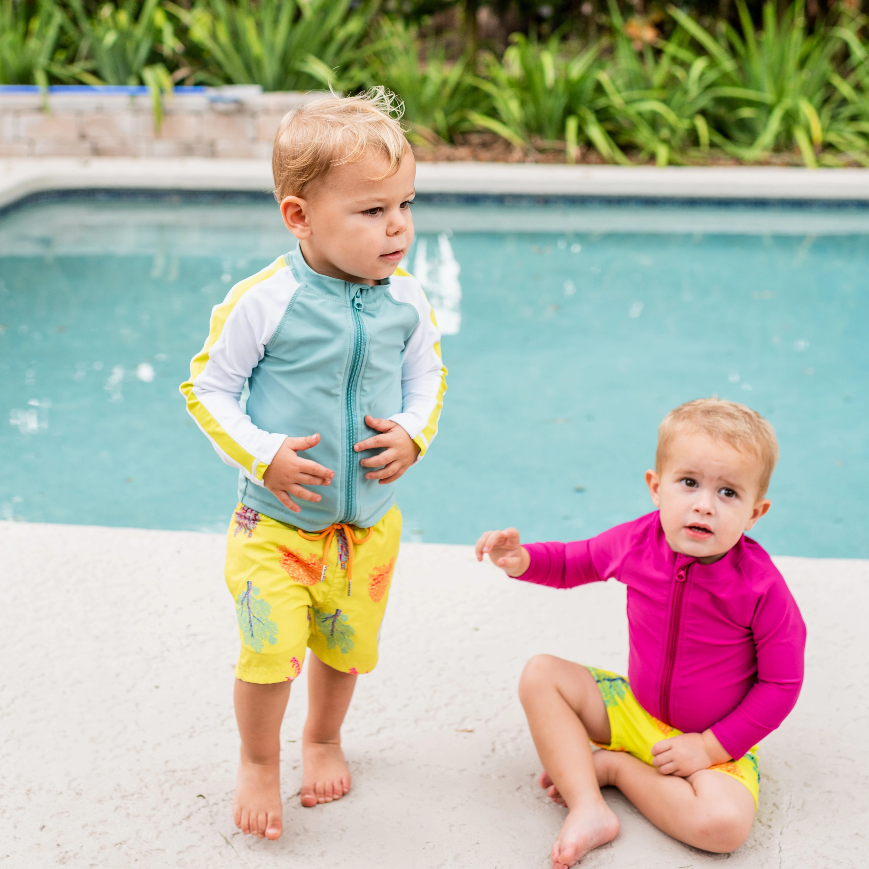 Boys Long Sleeve Zipper Rash Guard and Swim Trunk Set | "Coral"