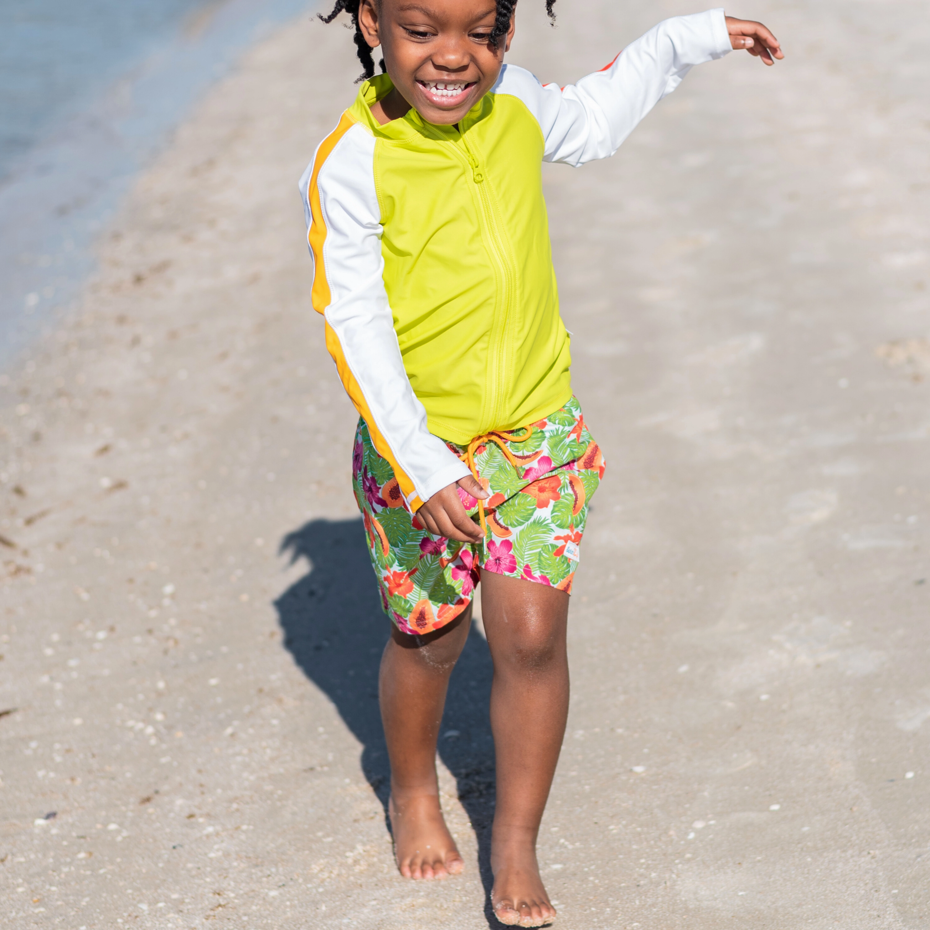 Boys Long Sleeve Zipper Rash Guard and Swim Trunk Set | "Hibiscus"