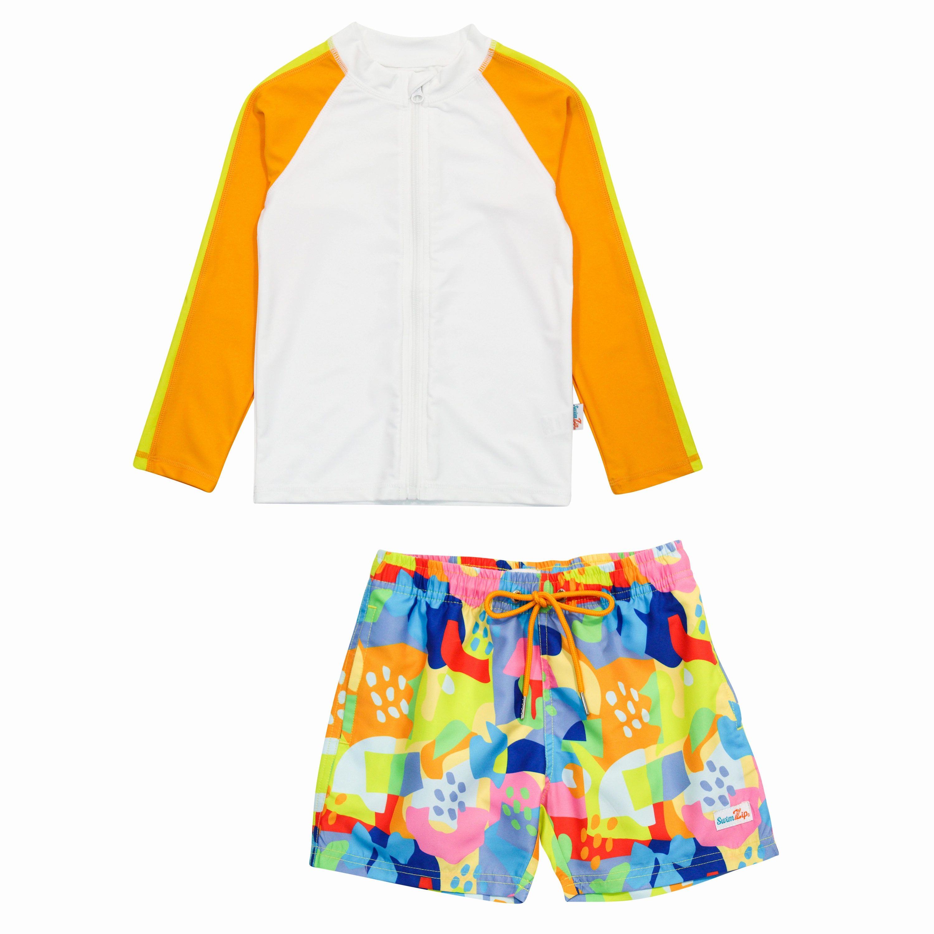 Boys Long Sleeve Zipper Rash Guard and Swim Trunk Set | "Joyful"