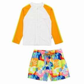 Boys Long Sleeve Zipper Rash Guard and Swim Trunk Set | "Joyful"