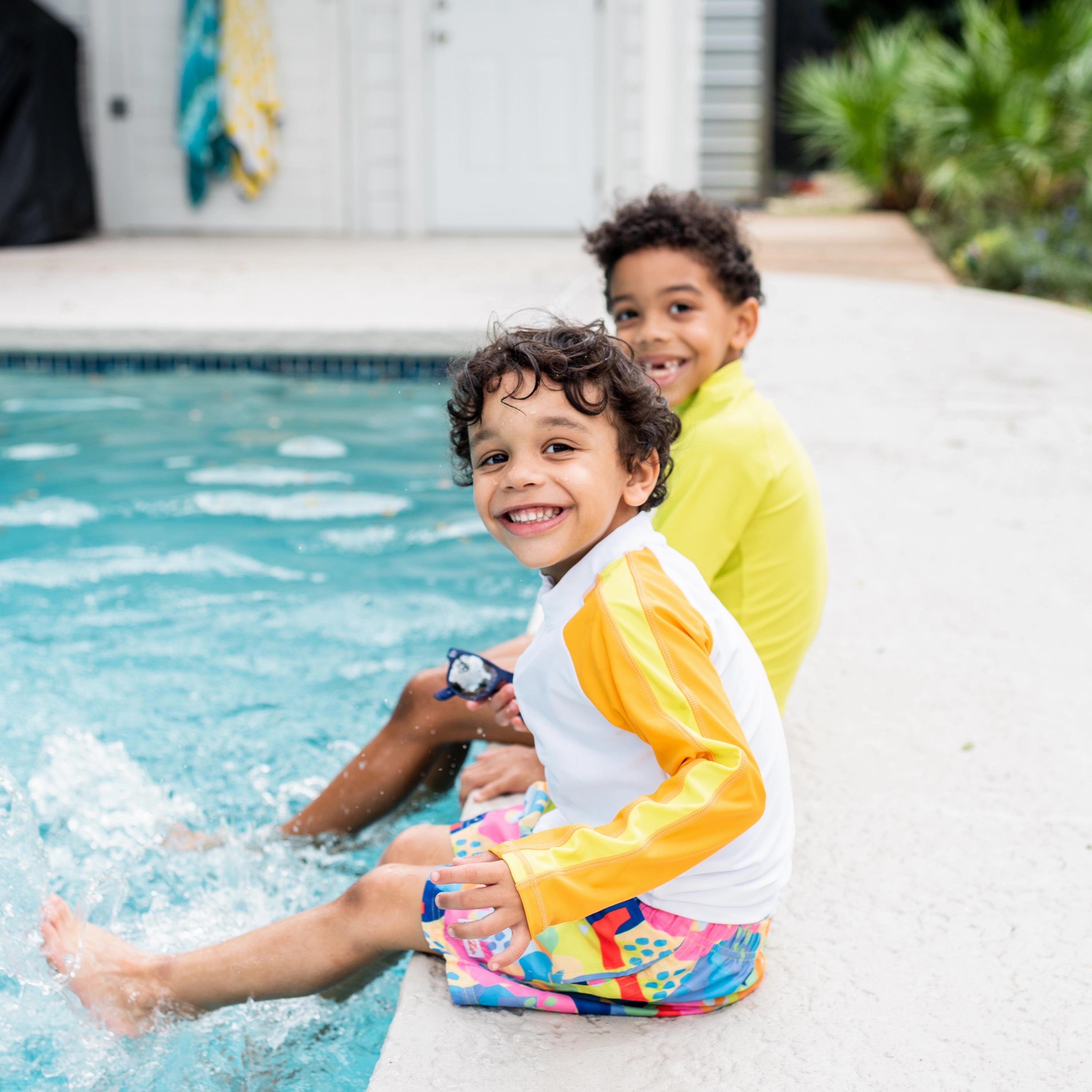 Boys Long Sleeve Zipper Rash Guard and Swim Trunk Set | "Joyful"