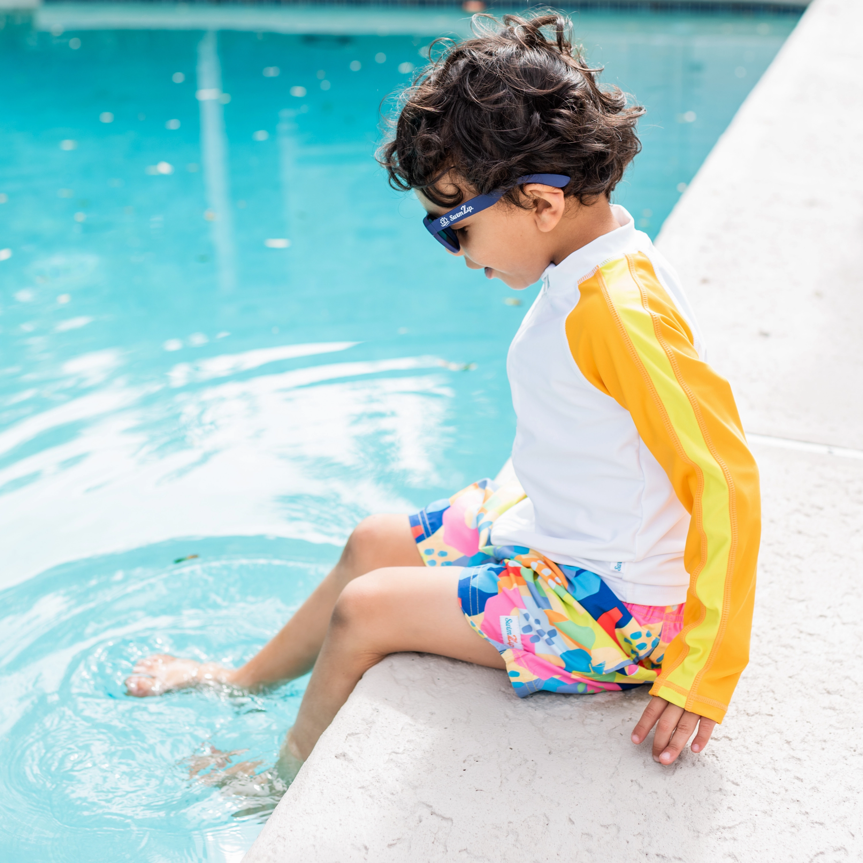Boys Long Sleeve Zipper Rash Guard and Swim Trunk Set | "Joyful"