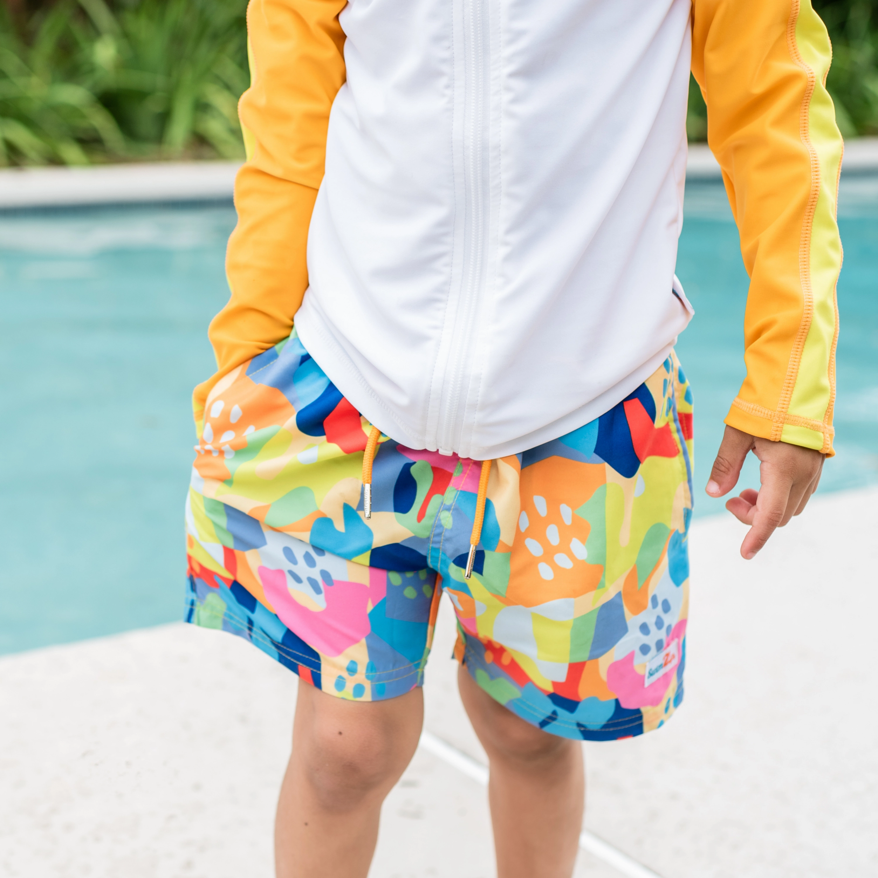 Boys Long Sleeve Zipper Rash Guard and Swim Trunk Set | "Joyful"