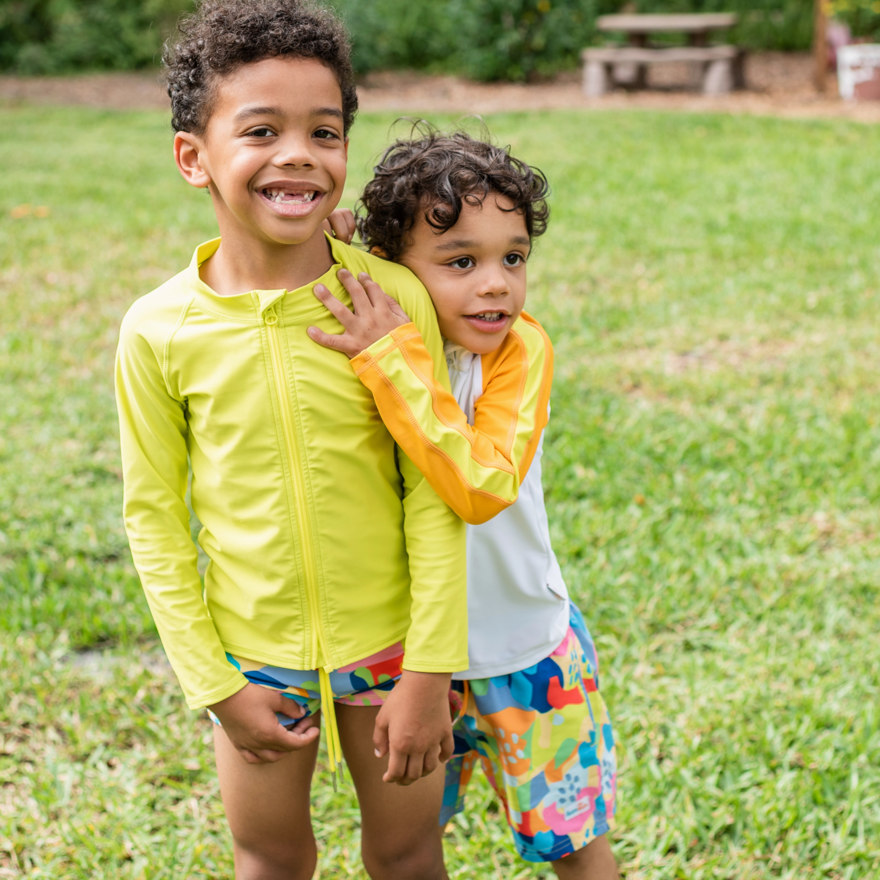 Boys Long Sleeve Zipper Rash Guard and Swim Trunk Set | "Joyful"