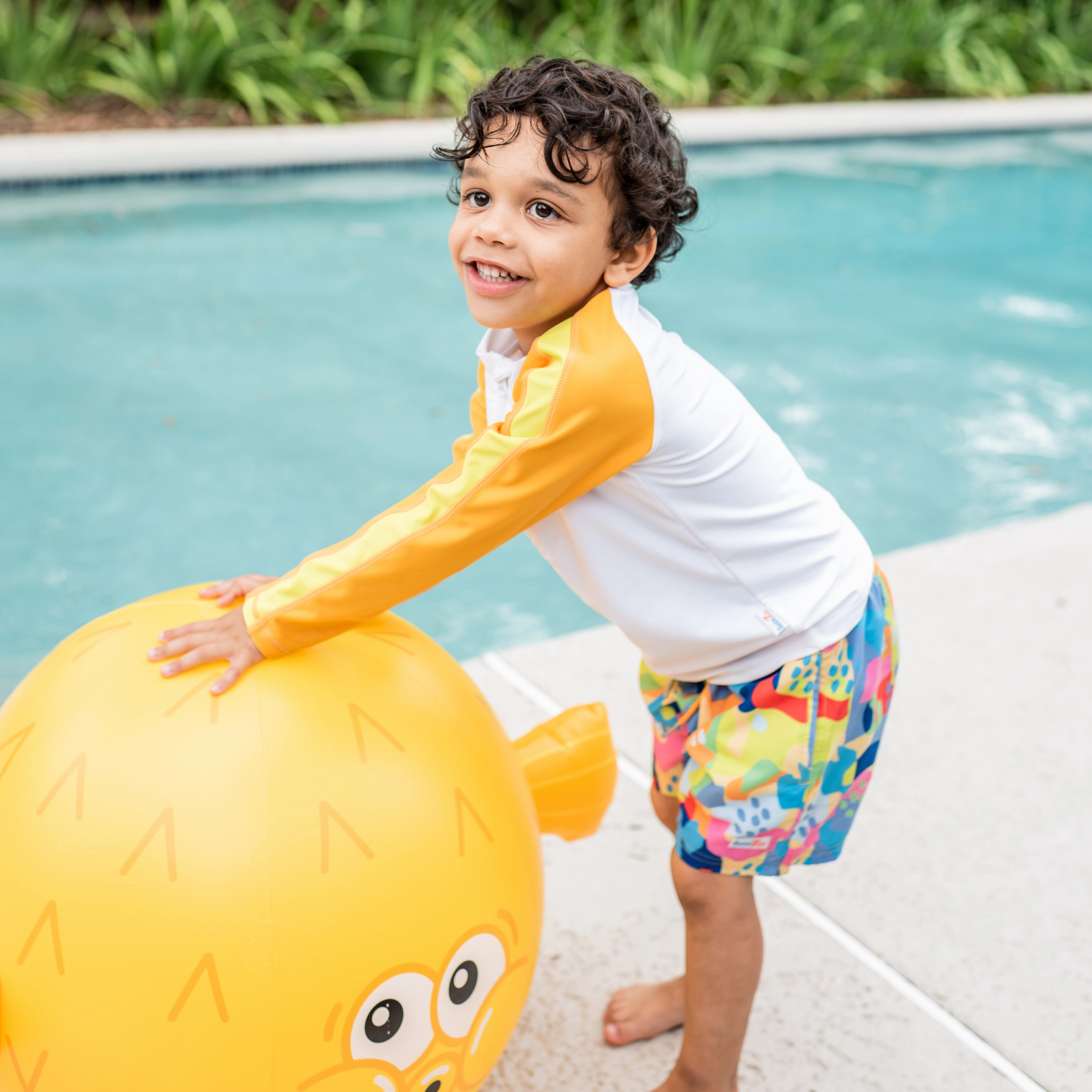 Boys Long Sleeve Zipper Rash Guard and Swim Trunk Set | "Joyful"