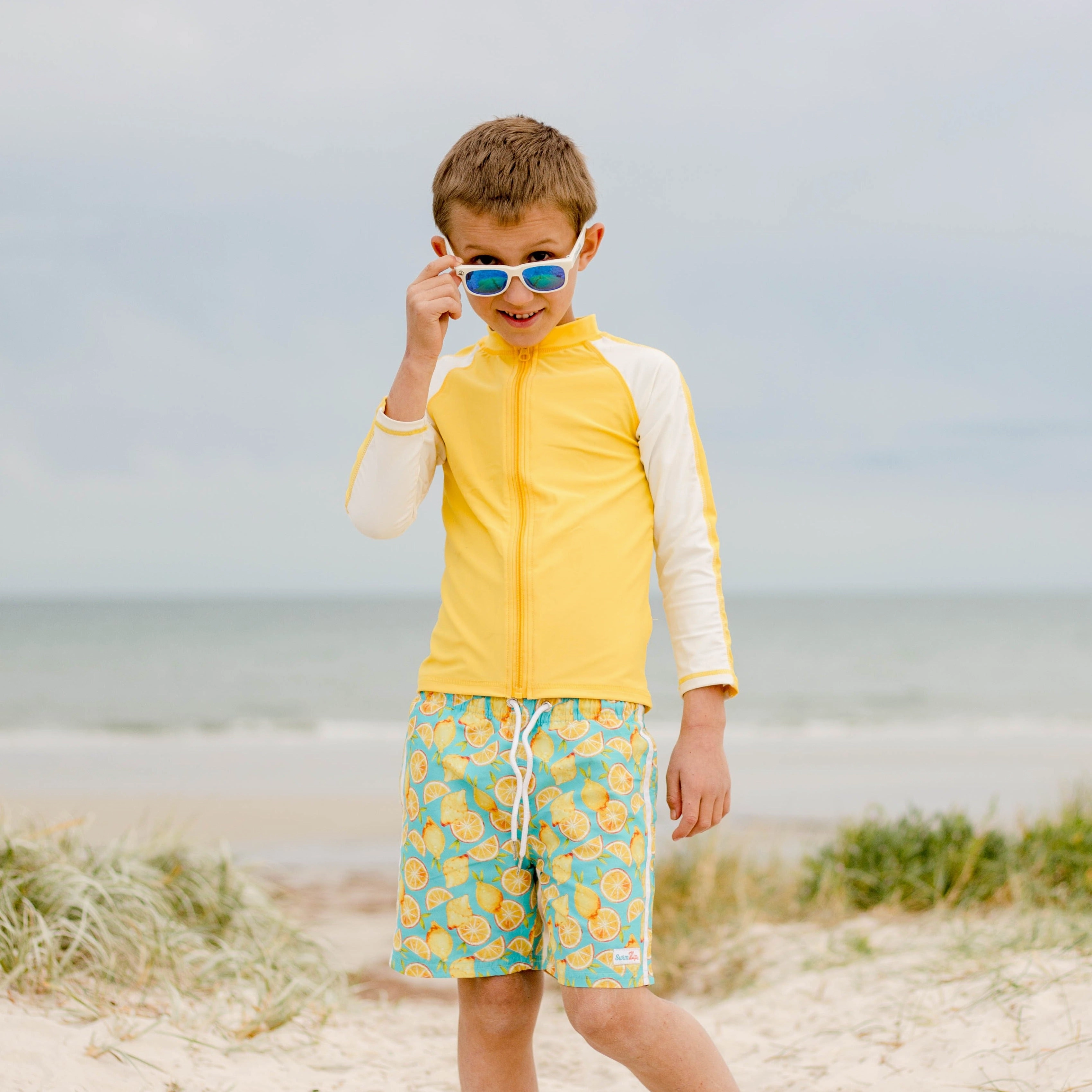 Boys Long Sleeve Zipper Rash Guard and Swim Trunk Set | "Lemons"