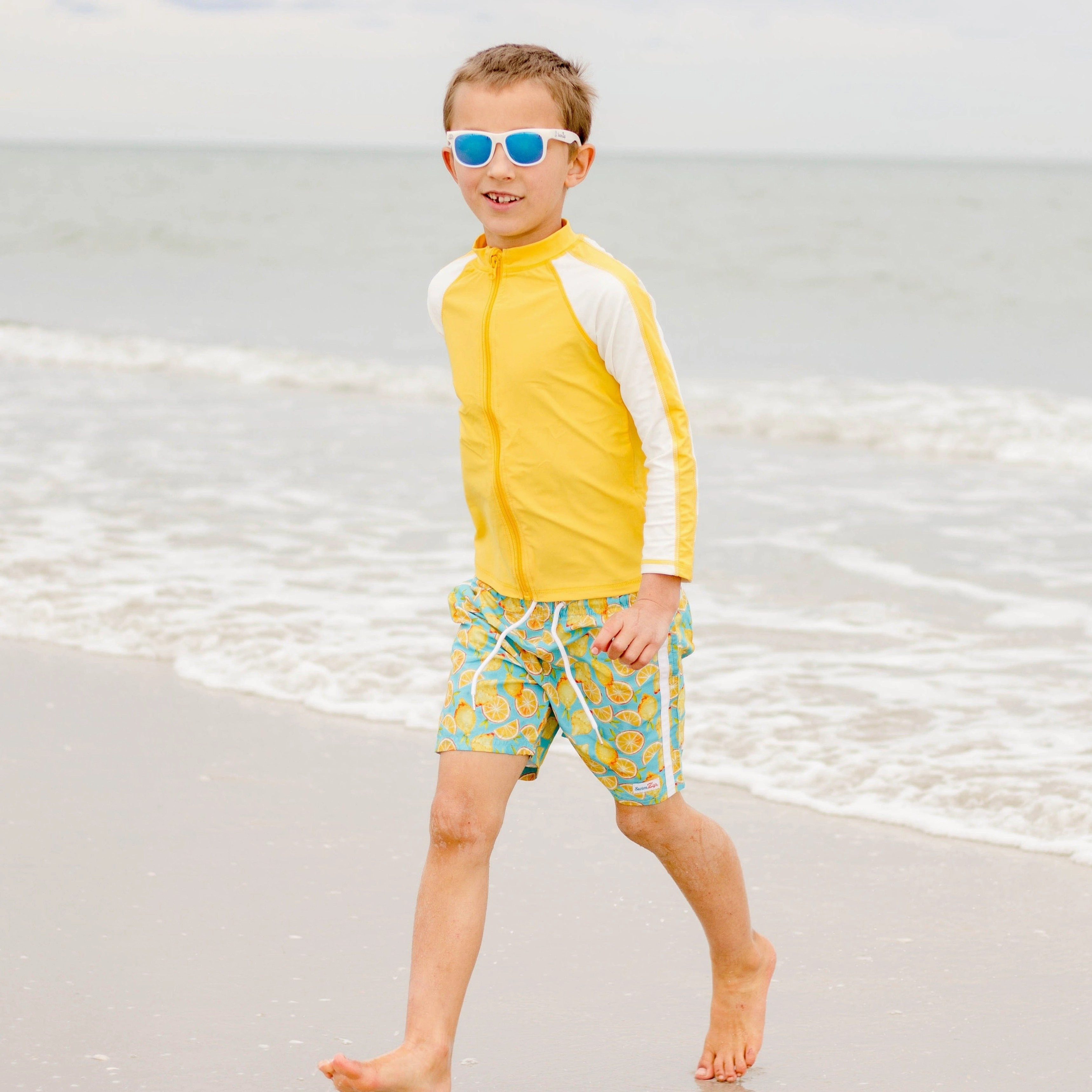 Boys Long Sleeve Zipper Rash Guard and Swim Trunk Set | "Lemons"