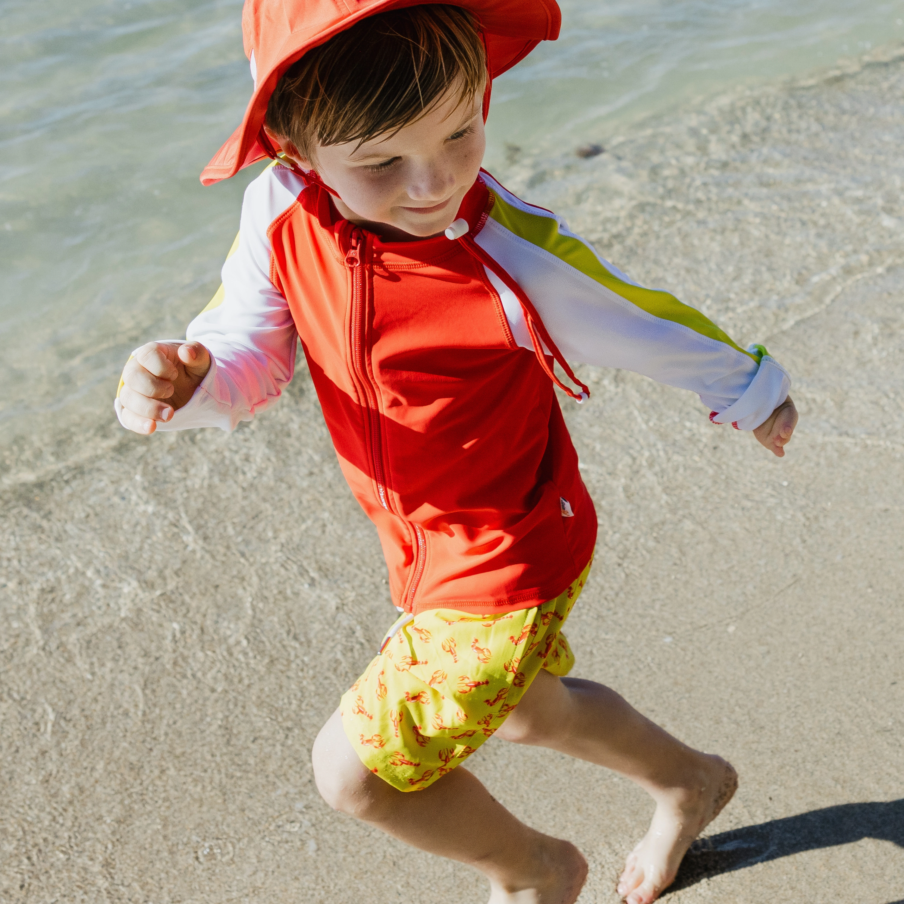 Boys Long Sleeve Zipper Rash Guard and Swim Trunk Set | "Lobster"