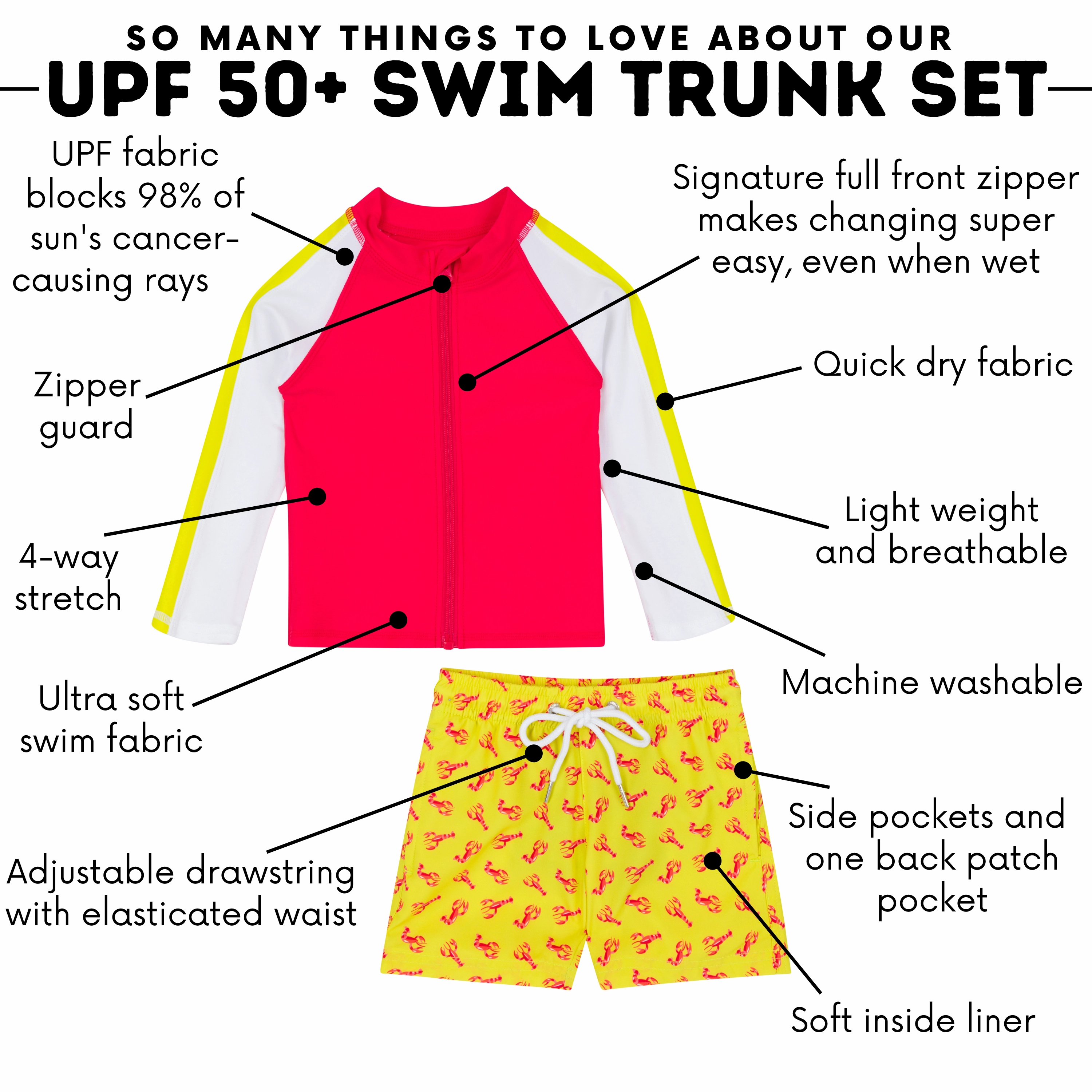 Boys Long Sleeve Zipper Rash Guard and Swim Trunk Set | "Lobster"