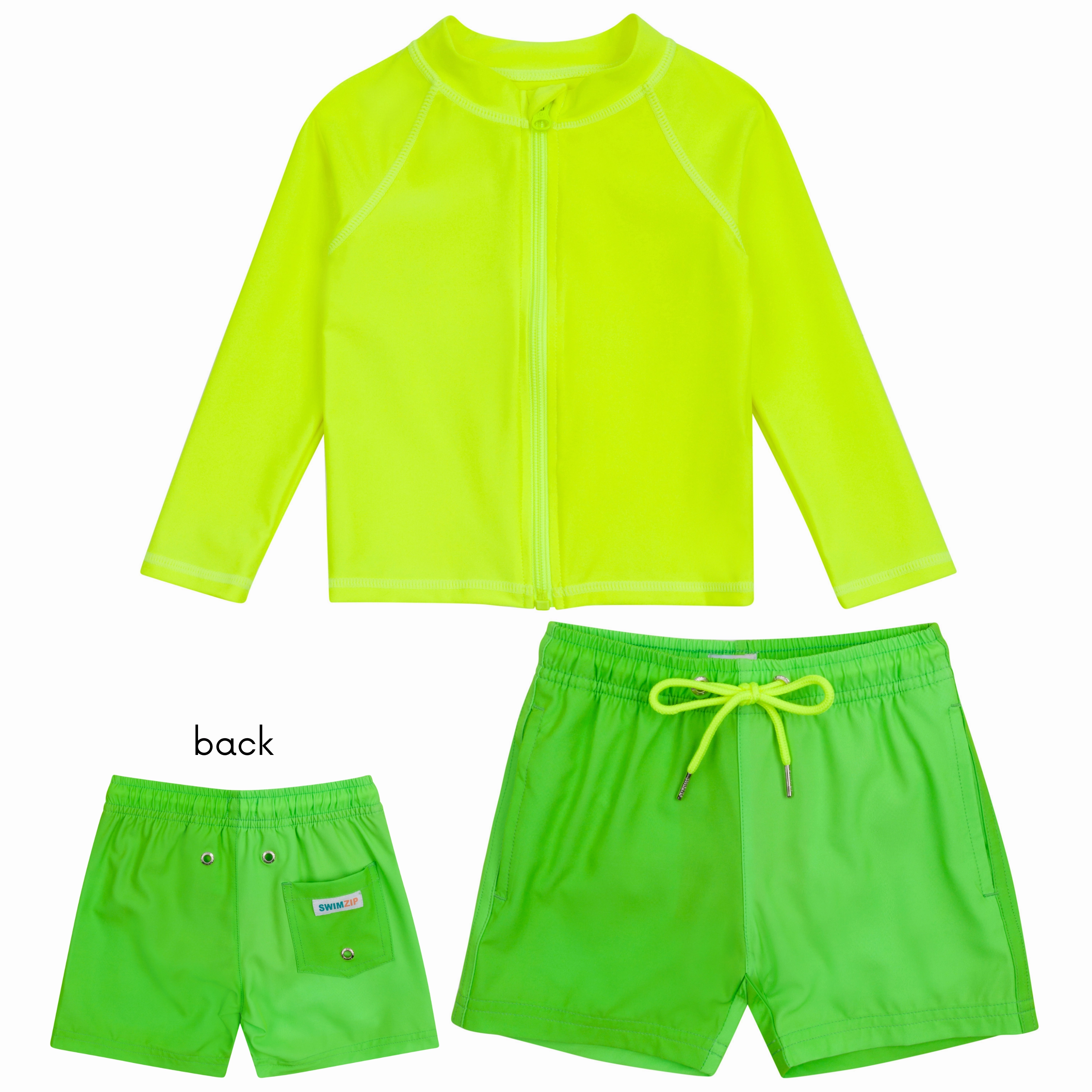 Boys Long Sleeve Zipper Rash Guard and Swim Trunk Set | "Neon Green"