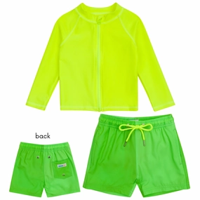 Boys Long Sleeve Zipper Rash Guard and Swim Trunk Set | "Neon Green"