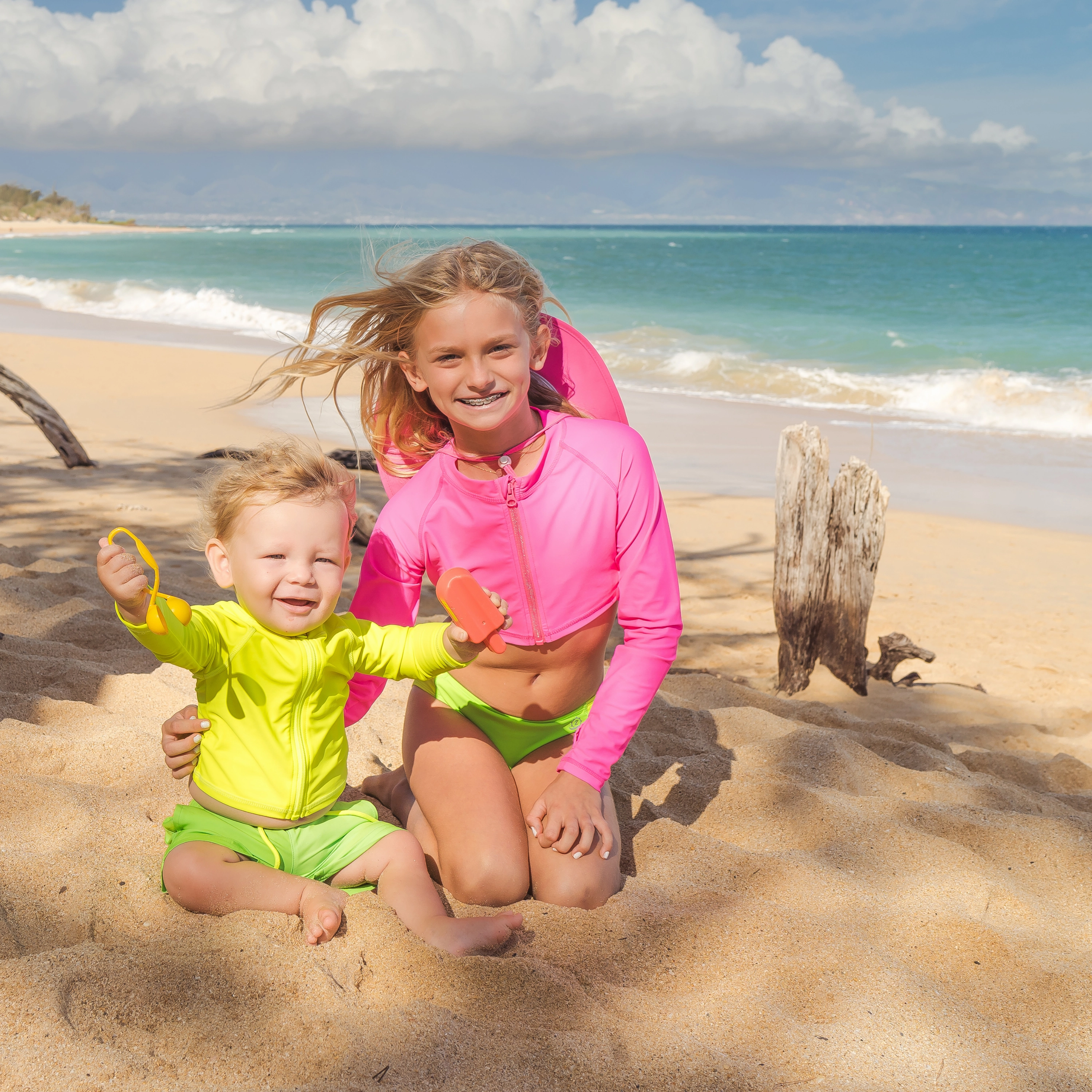 Boys Long Sleeve Zipper Rash Guard and Swim Trunk Set | "Neon Green"