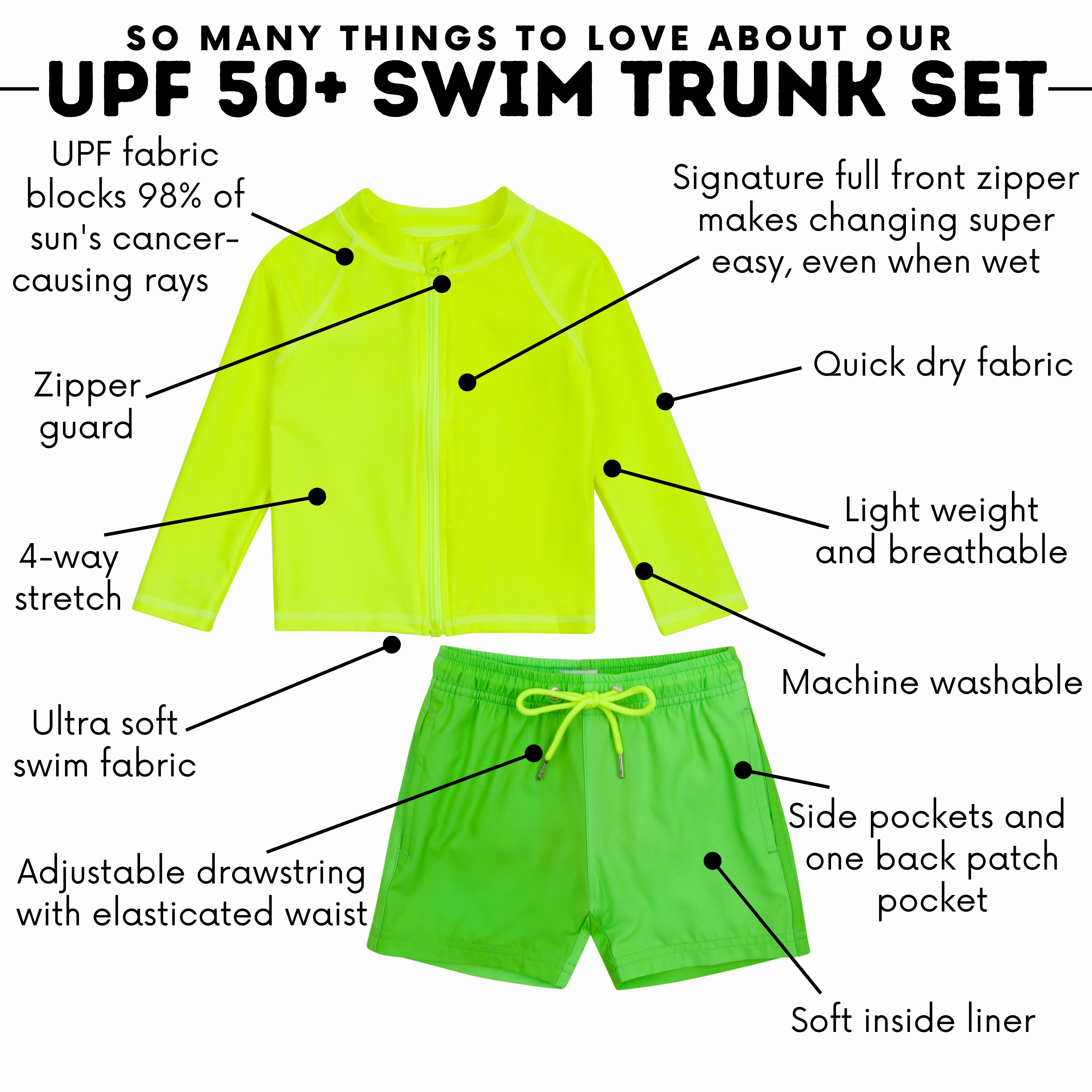 Boys Long Sleeve Zipper Rash Guard and Swim Trunk Set | "Neon Green"