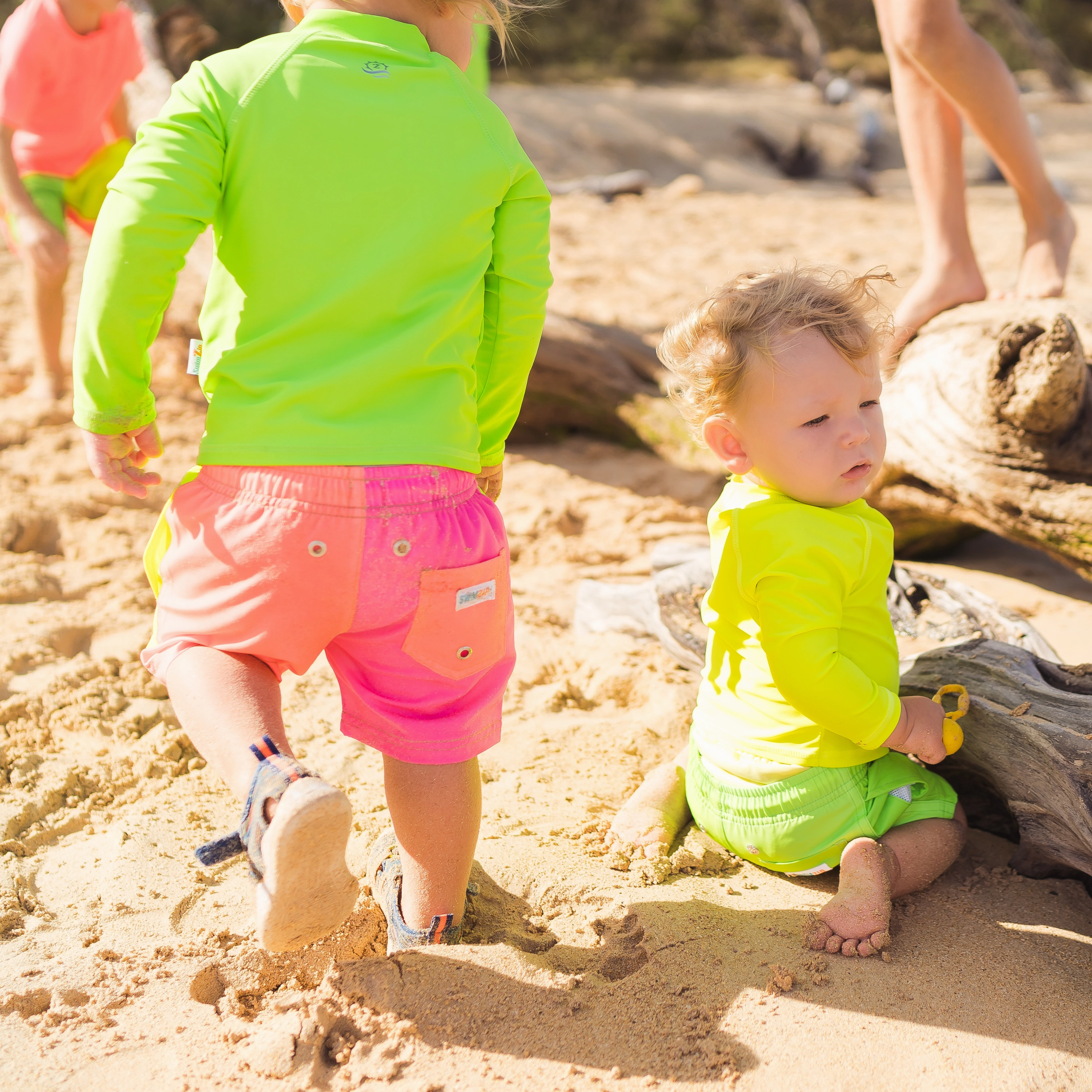 Boys Long Sleeve Zipper Rash Guard and Swim Trunk Set | "Neon Sunrise"