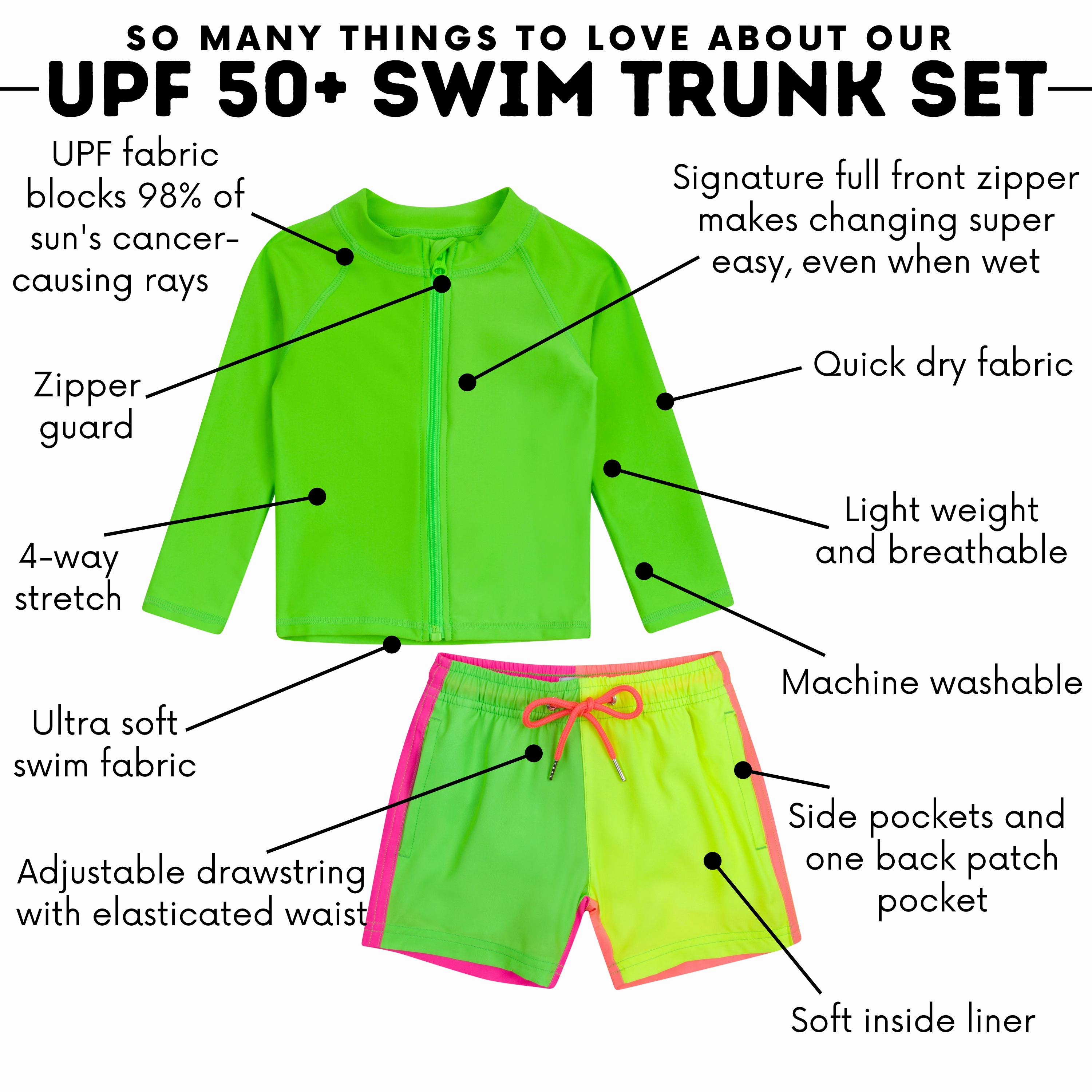 Boys Long Sleeve Zipper Rash Guard and Swim Trunk Set | "Neon Sunrise"
