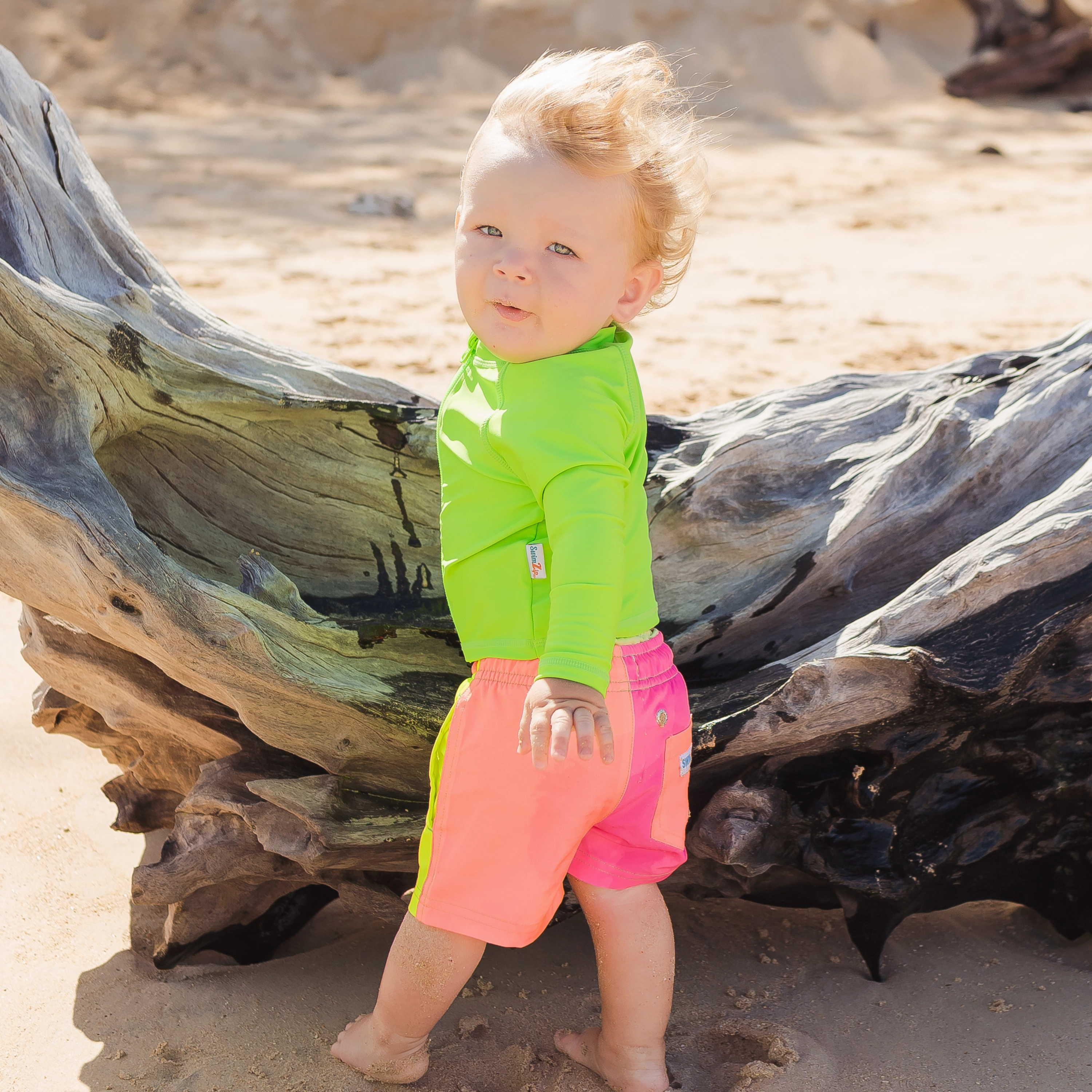 Boys Long Sleeve Zipper Rash Guard and Swim Trunk Set | "Neon Sunrise"