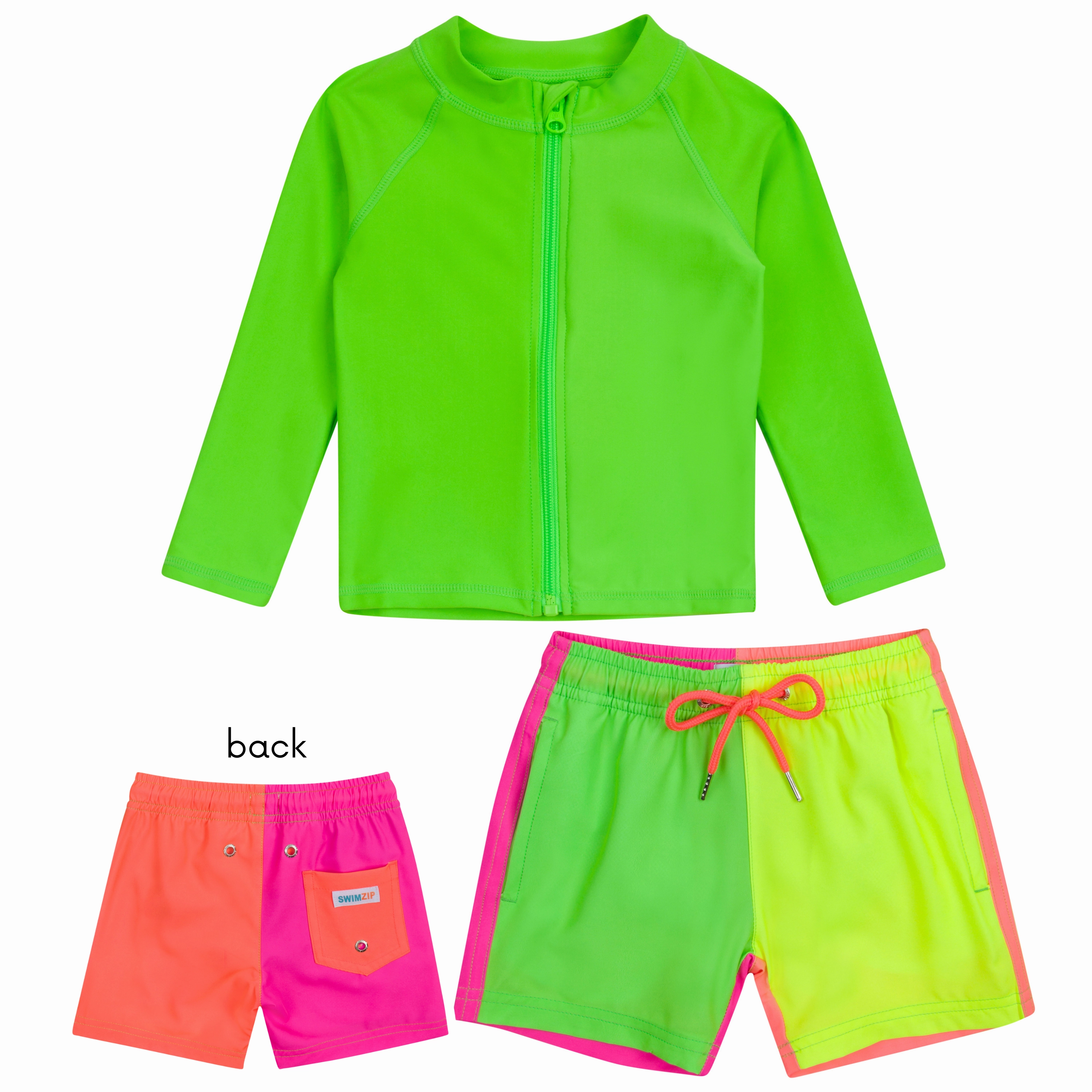 Boys Long Sleeve Zipper Rash Guard and Swim Trunk Set | "Neon Sunrise"
