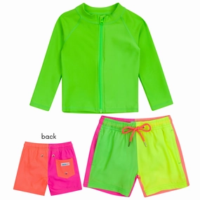 Boys Long Sleeve Zipper Rash Guard and Swim Trunk Set | "Neon Sunrise"