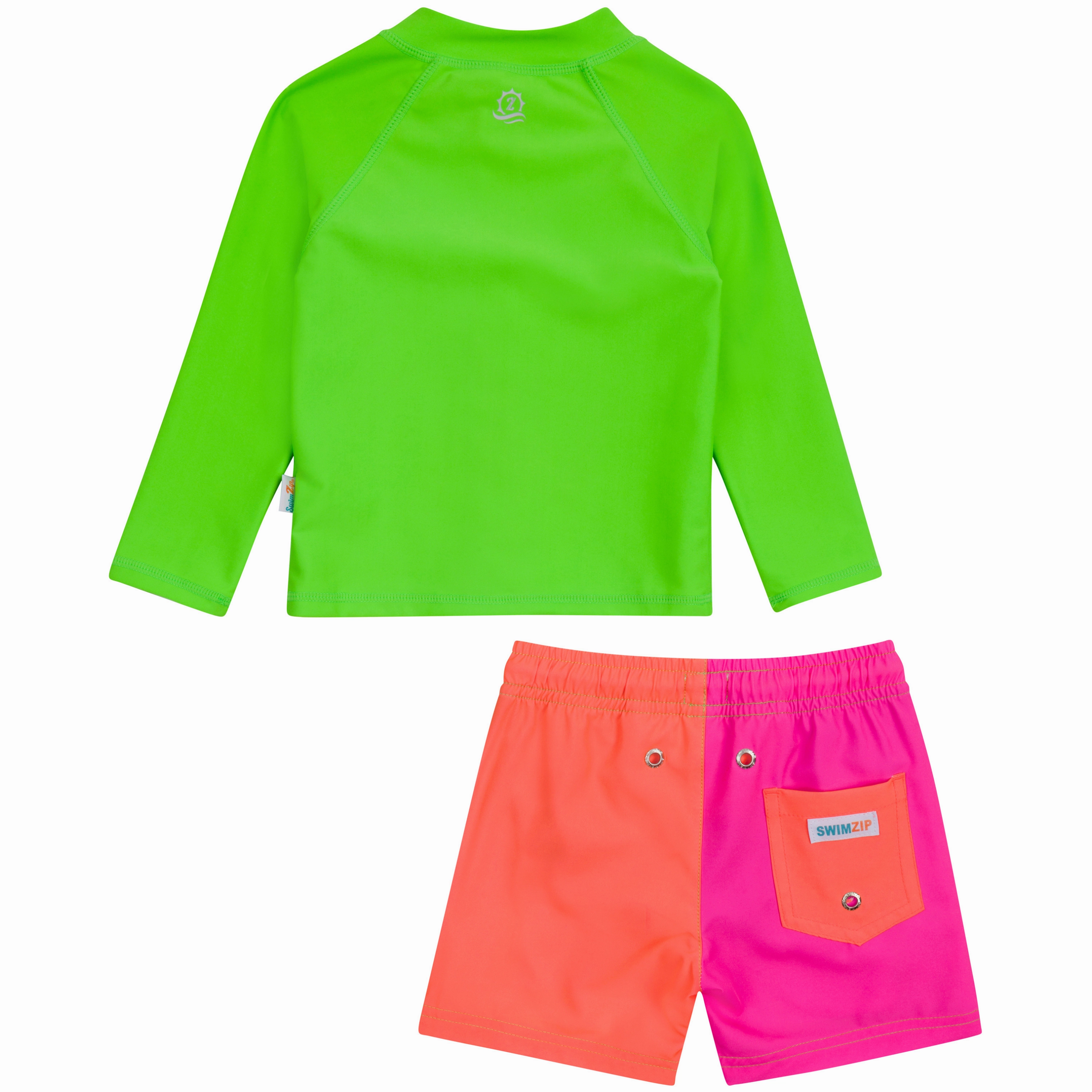 Boys Long Sleeve Zipper Rash Guard and Swim Trunk Set | "Neon Sunrise"