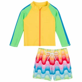 Boys Long Sleeve Zipper Rash Guard and Swim Trunk Set | "Surf's Up"