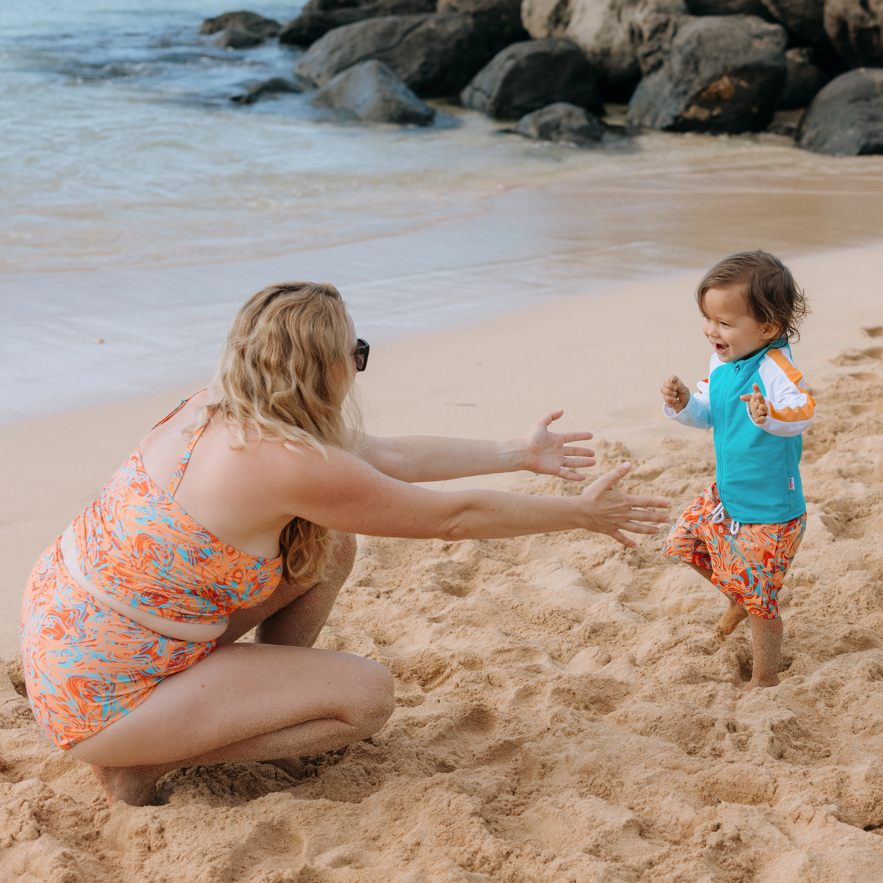 Boys Long Sleeve Zipper Rash Guard and Swim Trunk Set | "Swirl"