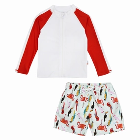 Boys Long Sleeve Zipper Rash Guard and Swim Trunk Set | "Tropical Birds