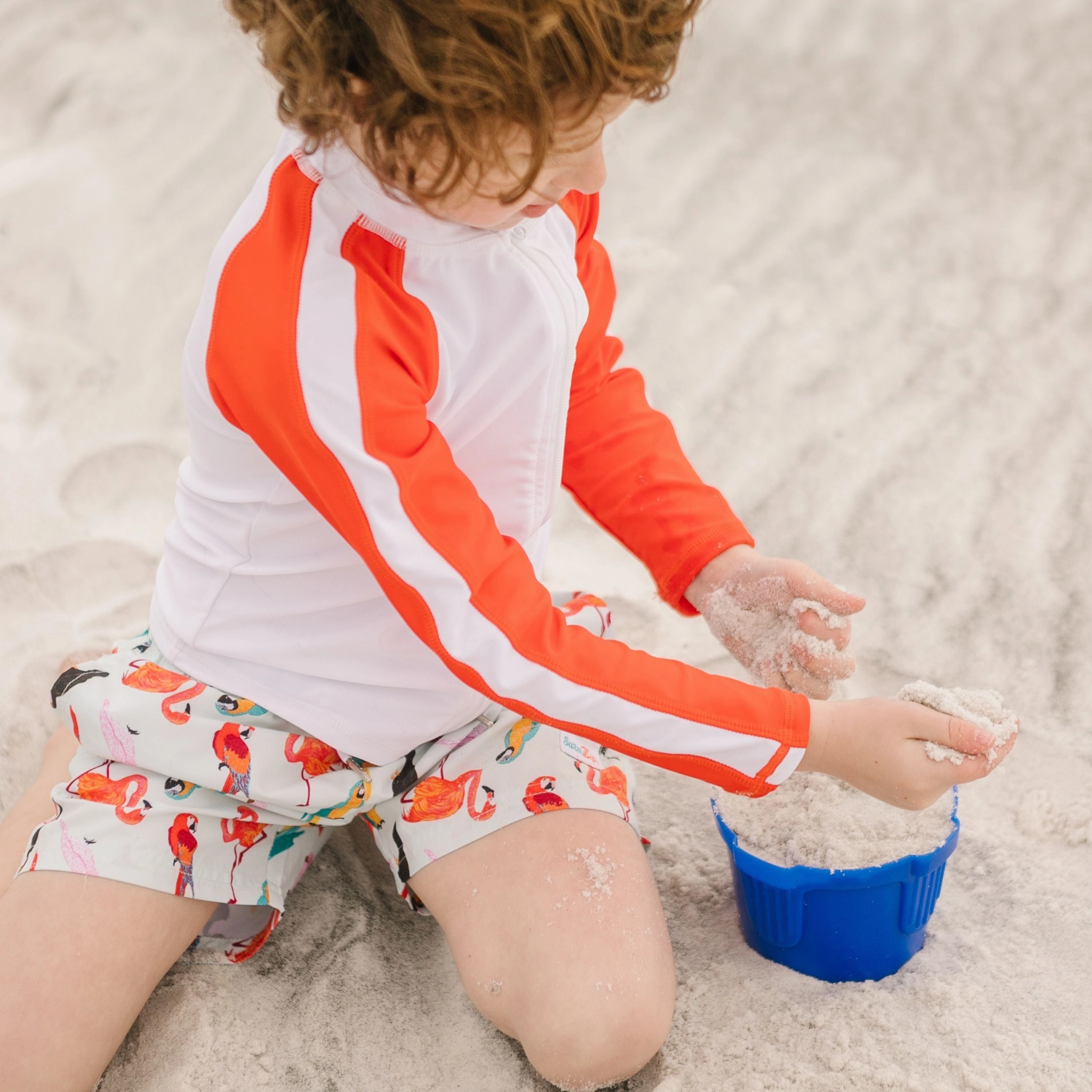 Boys Long Sleeve Zipper Rash Guard and Swim Trunk Set | "Tropical Birds