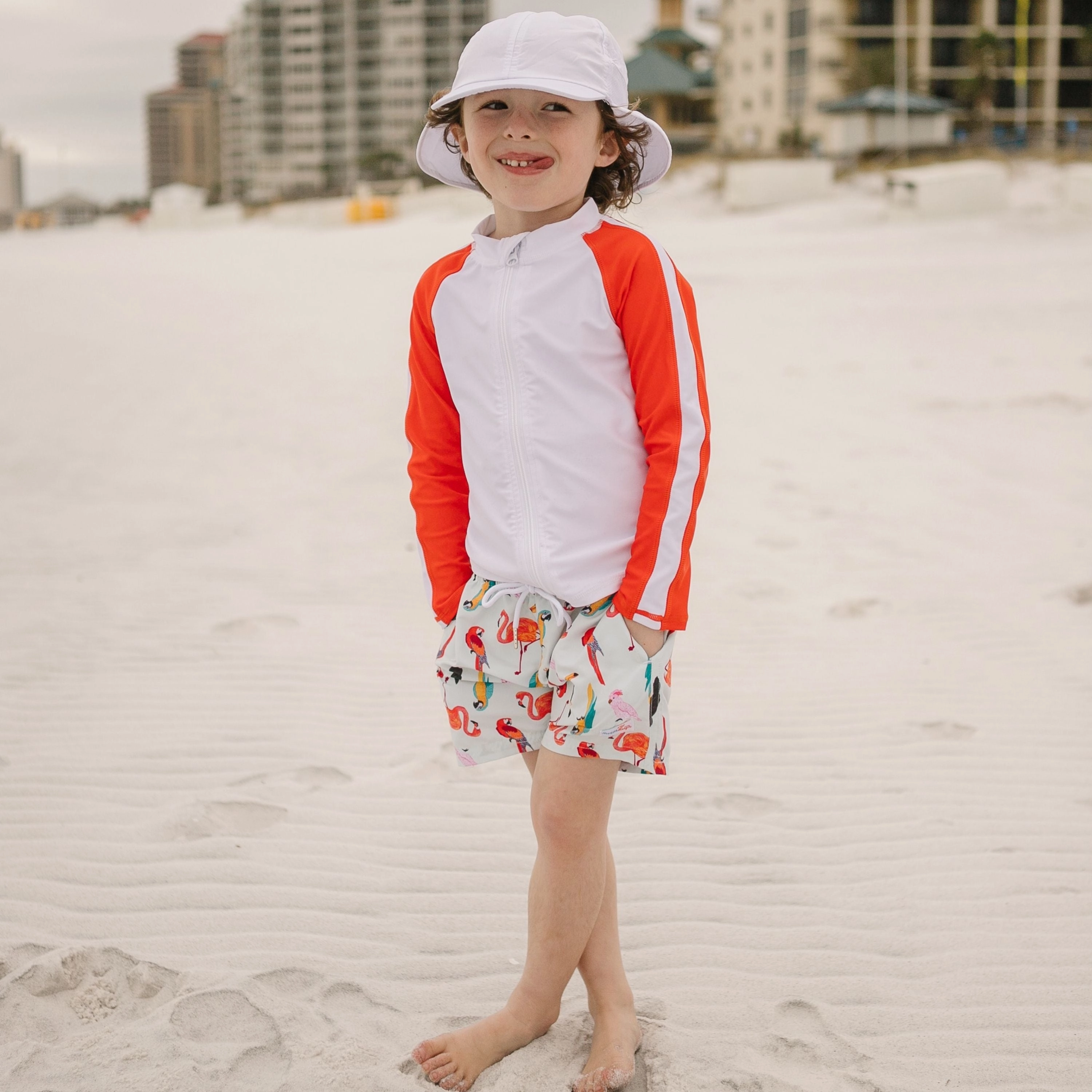 Boys Long Sleeve Zipper Rash Guard and Swim Trunk Set | "Tropical Birds