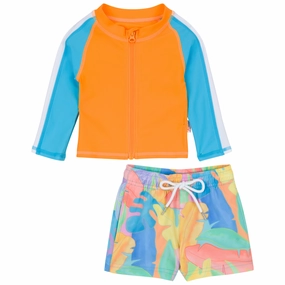 Boys Long Sleeve Zipper Rash Guard and Swim Trunk Set | "Vibrant Vacay"