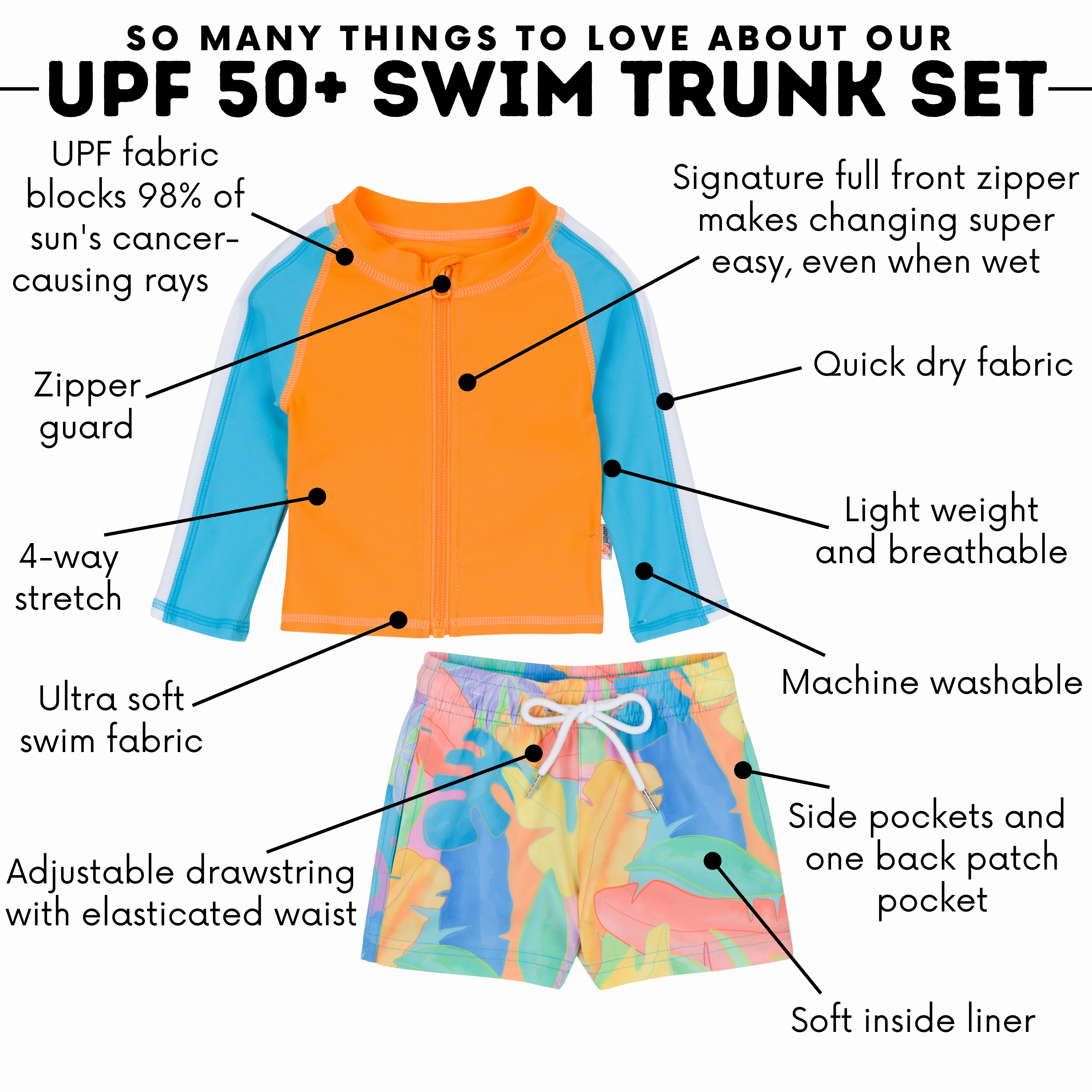 Boys Long Sleeve Zipper Rash Guard and Swim Trunk Set | "Vibrant Vacay"