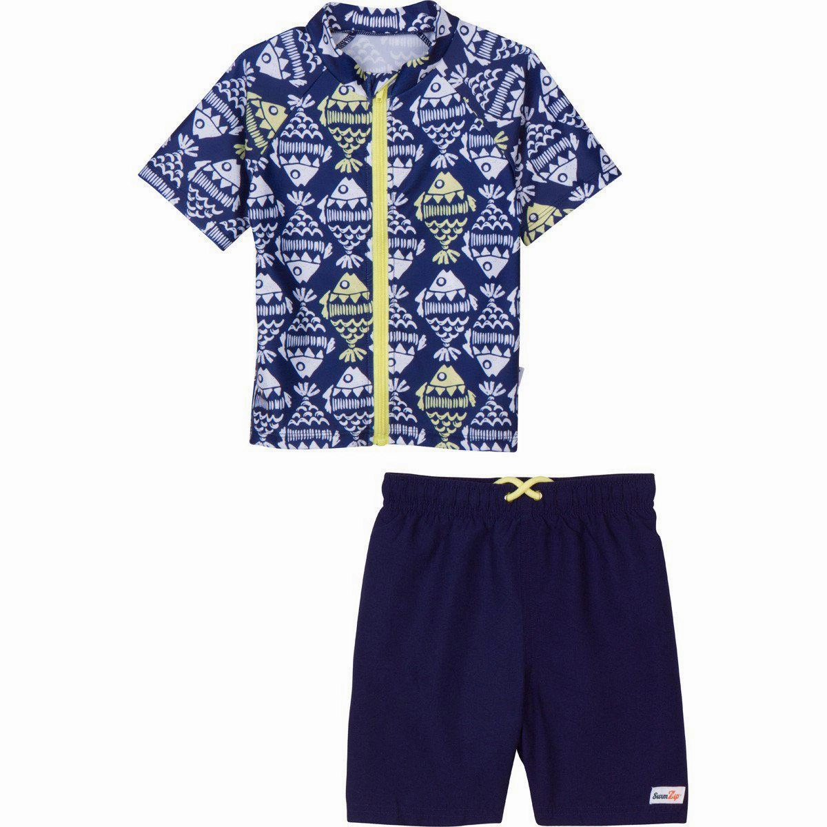 Boys Short Sleeve Zipper Rash Guard and Swim Trunk Set | "Fish Bone Babe"