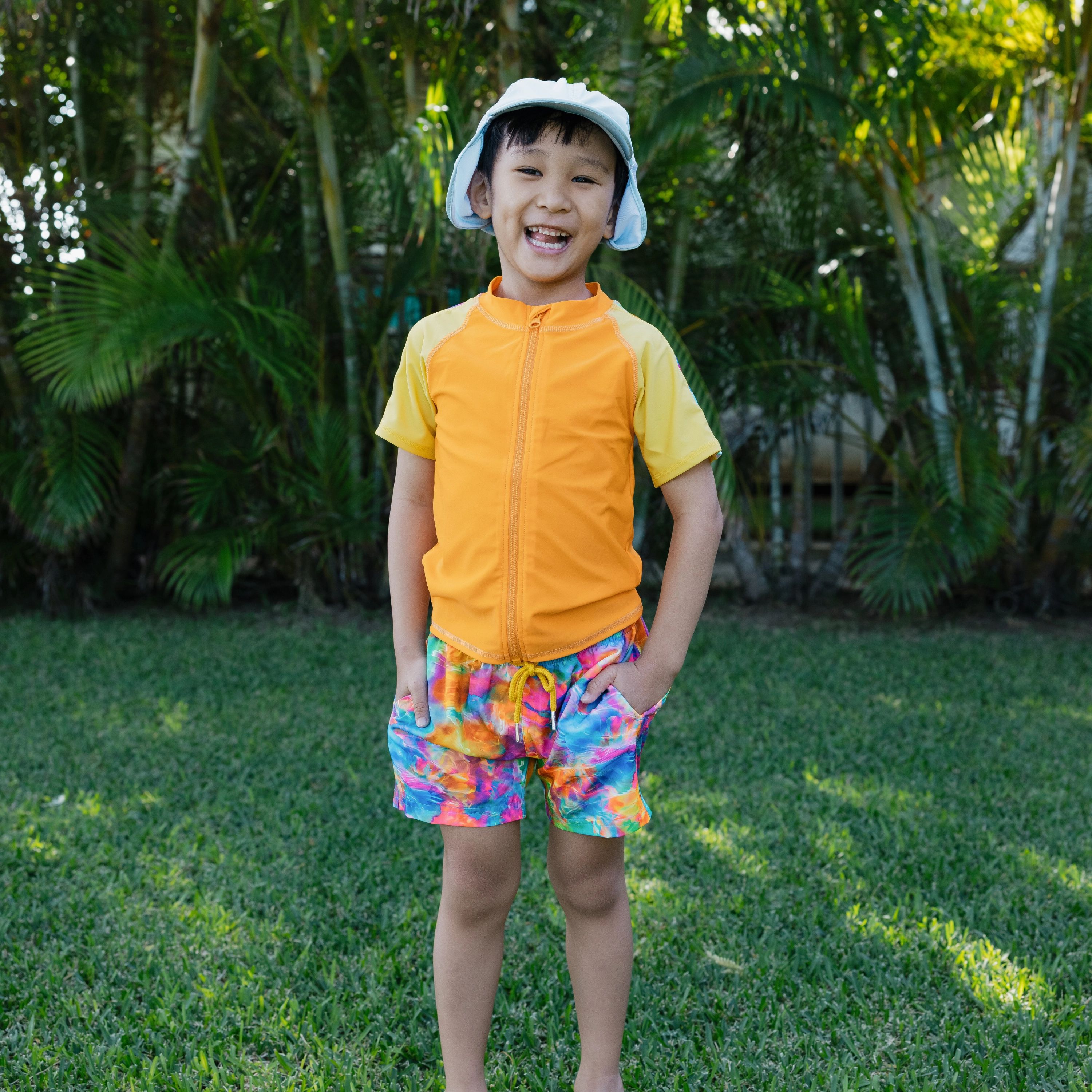 Boys Short Sleeve Zipper Rash Guard and Swim Trunk Set | "Impressions"