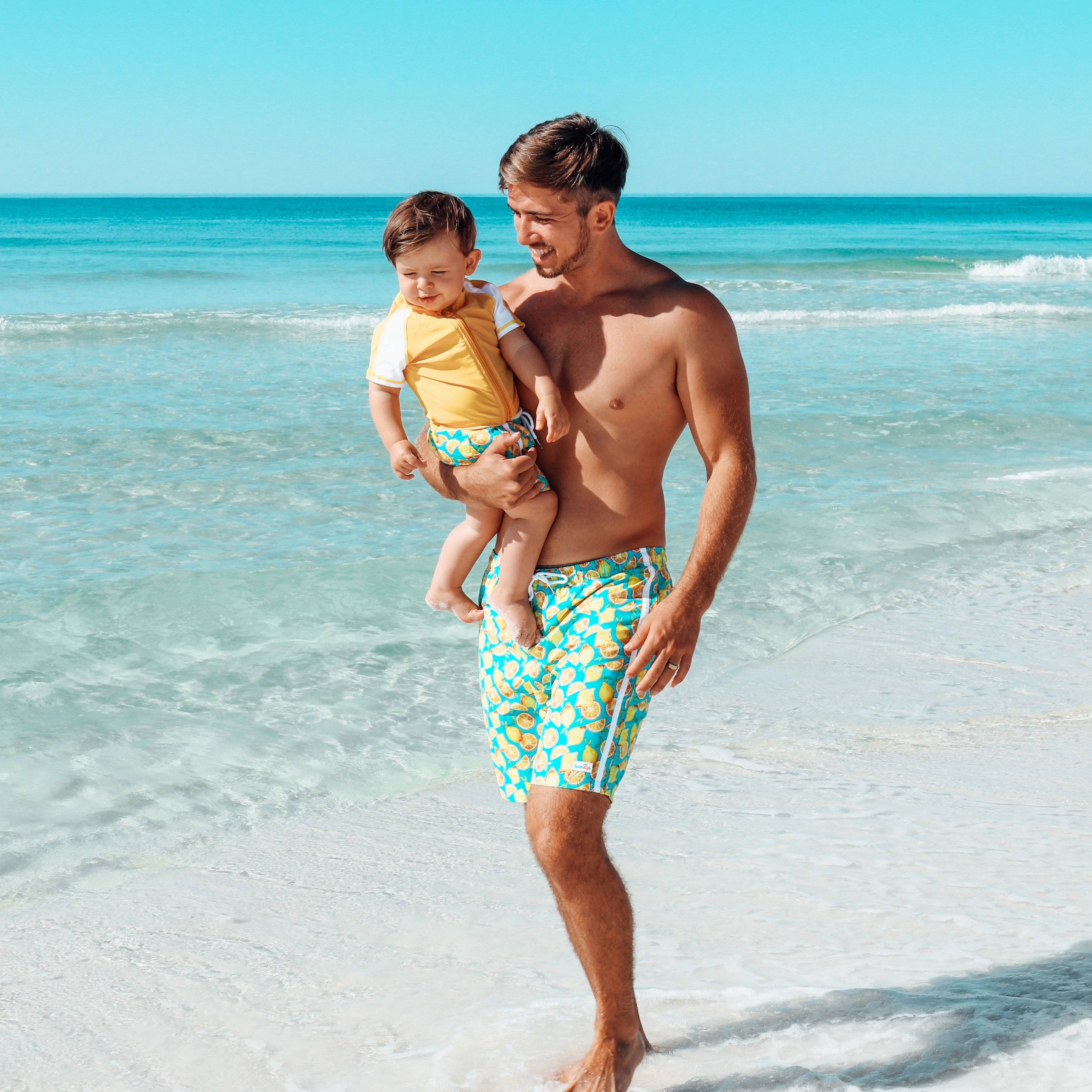 Boys Short Sleeve Zipper Rash Guard and Swim Trunk Set | "Lemons"