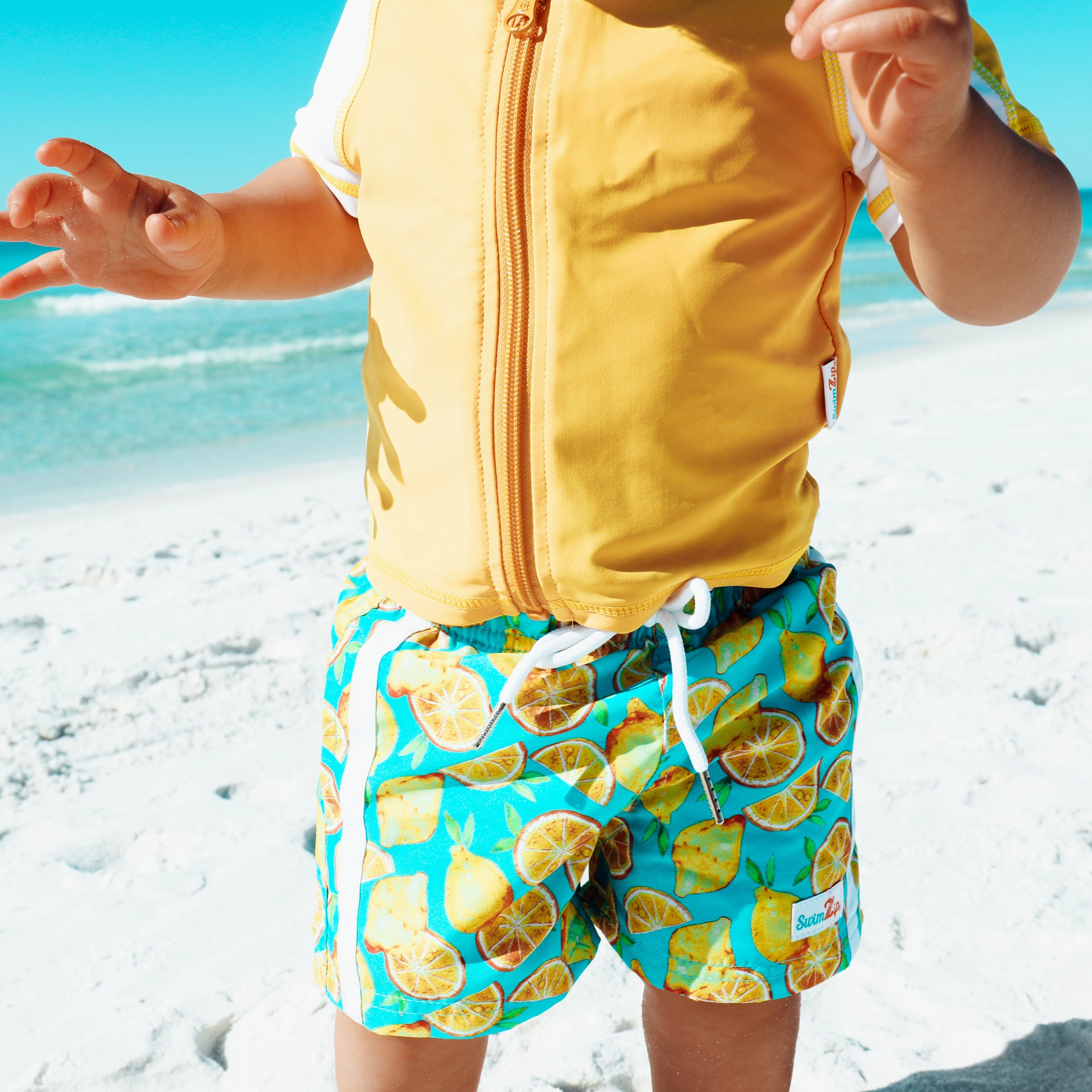 Boys Short Sleeve Zipper Rash Guard and Swim Trunk Set | "Lemons"