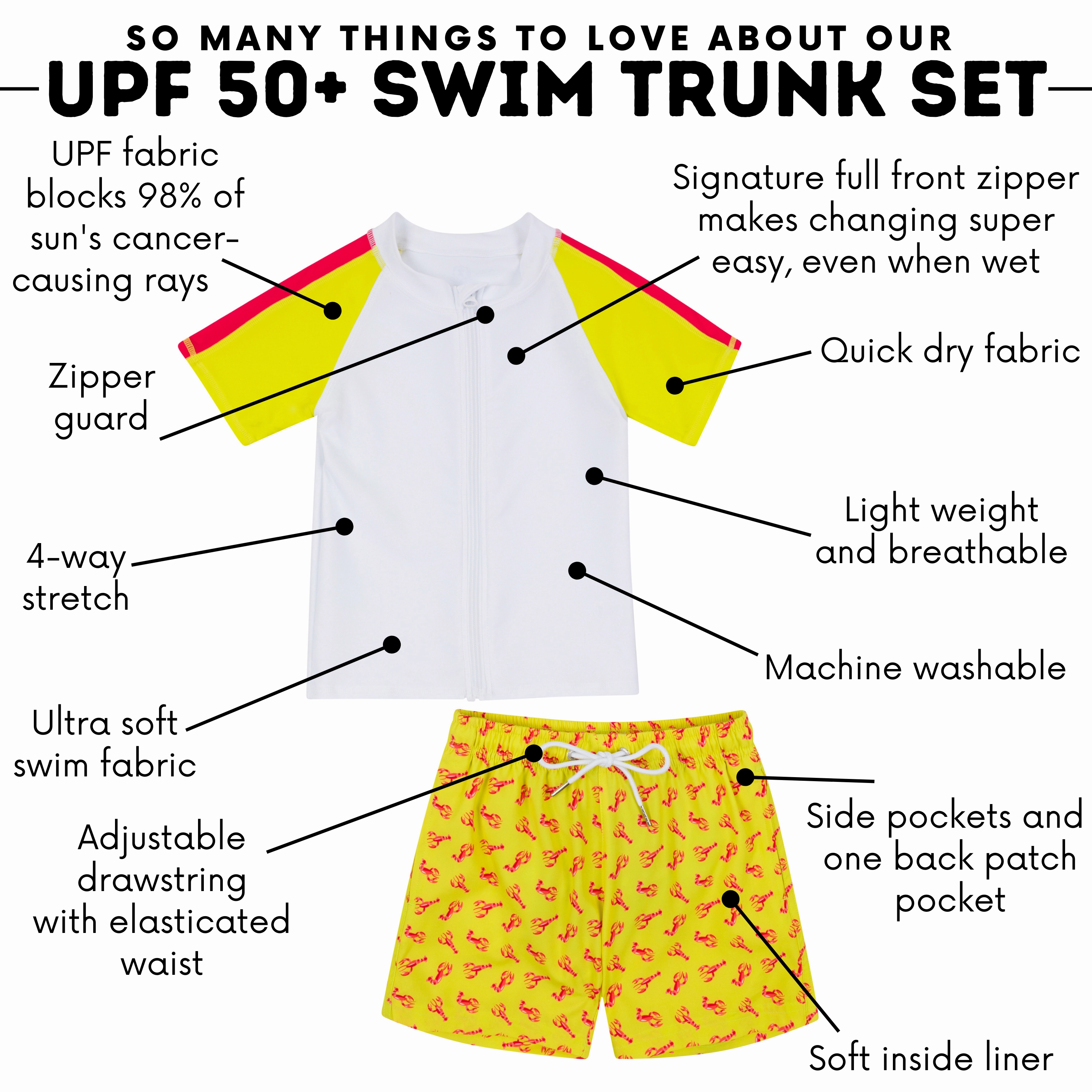 Boys Short Sleeve Zipper Rash Guard and Swim Trunk Set | "Lobster"