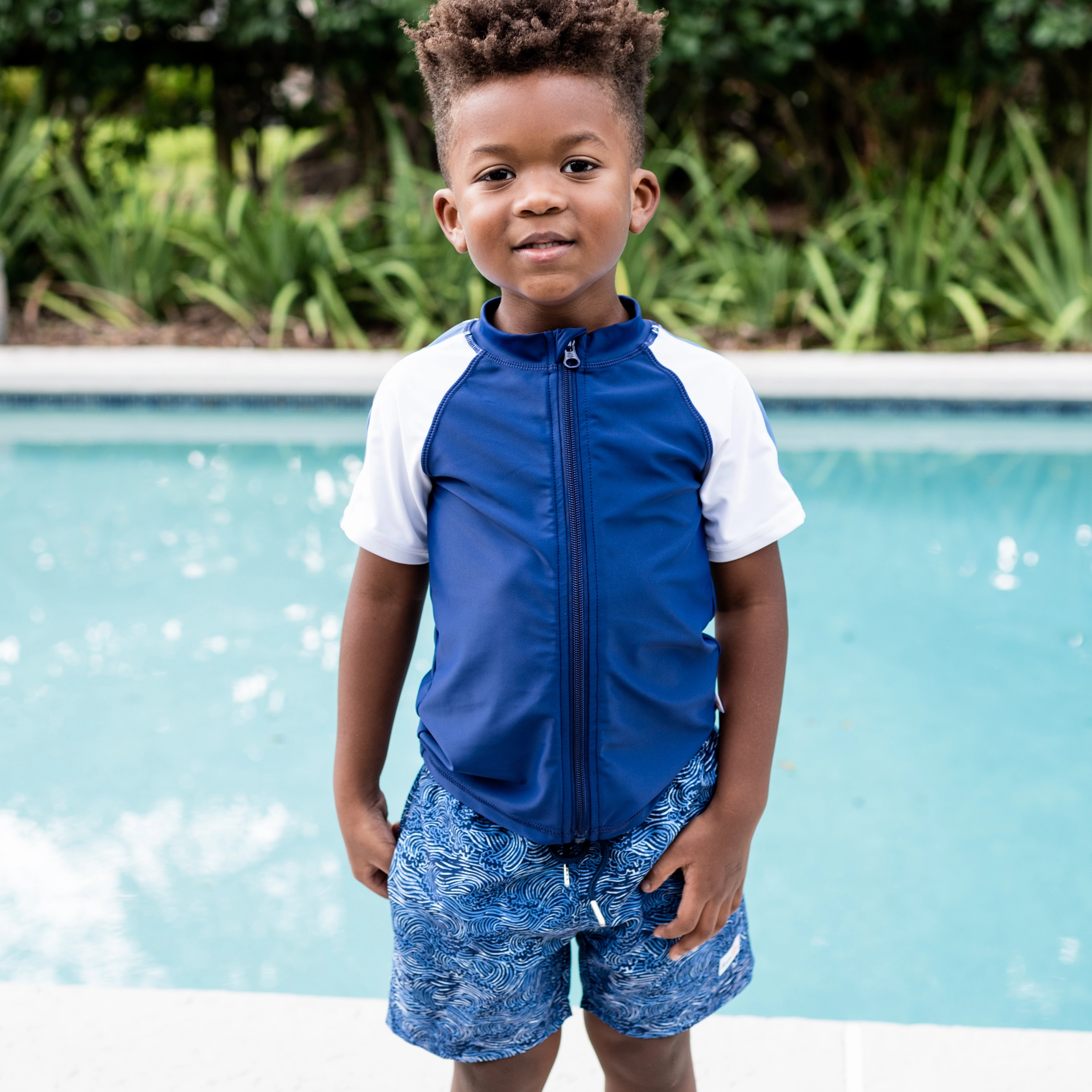 Boys Short Sleeve Zipper Rash Guard and Swim Trunk Set | "Ocean Breeze"