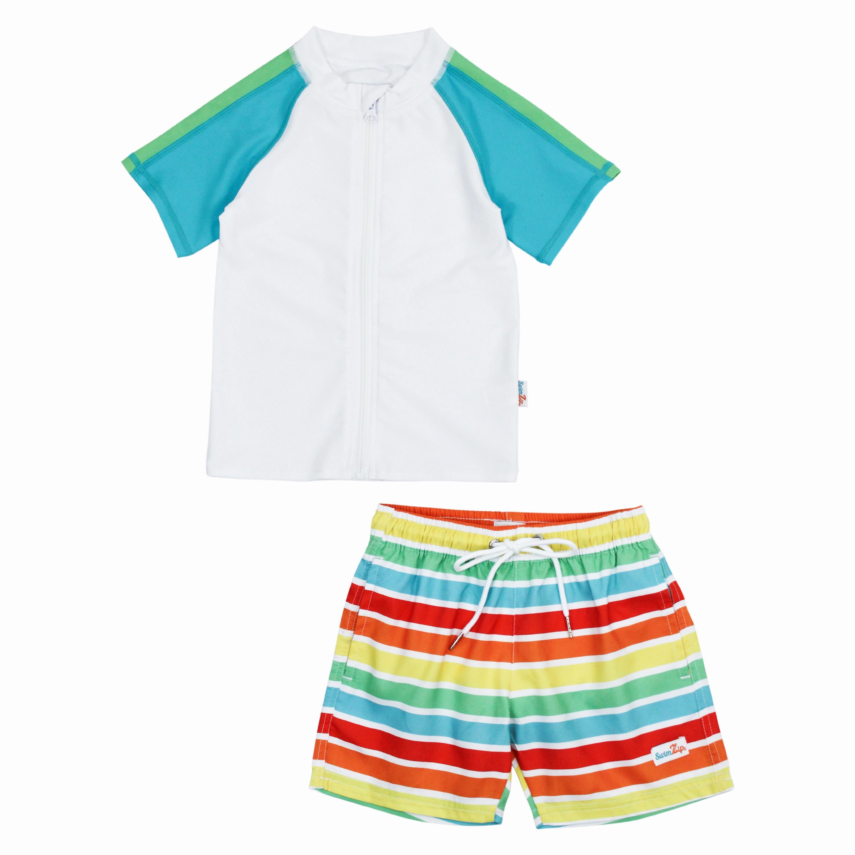 Boys Short Sleeve Zipper Rash Guard and Swim Trunk Set | "Rainbow"