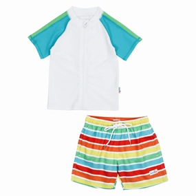 Boys Short Sleeve Zipper Rash Guard and Swim Trunk Set | "Rainbow"