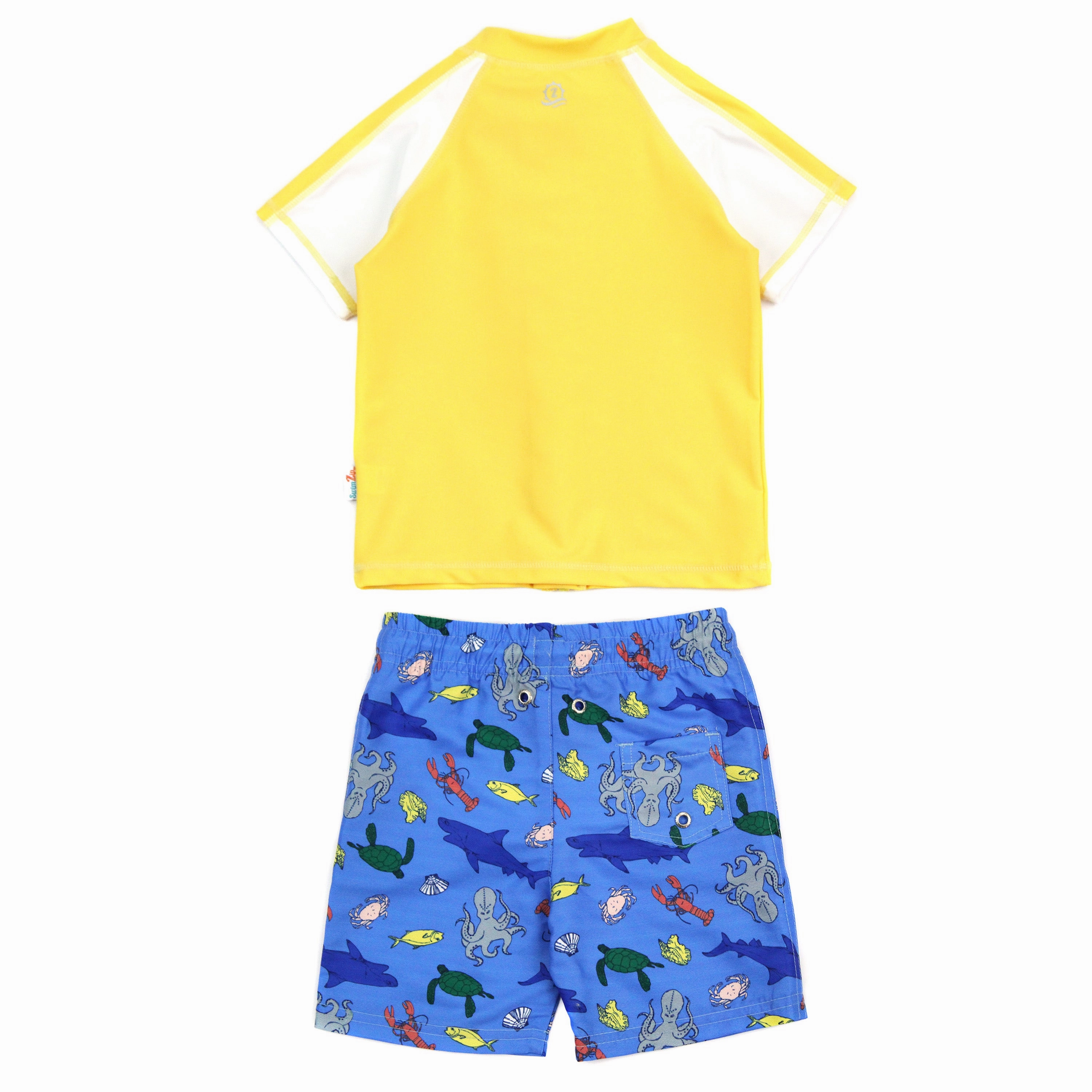 Boys Short Sleeve Zipper Rash Guard and Swim Trunk Set | "Sea Animal