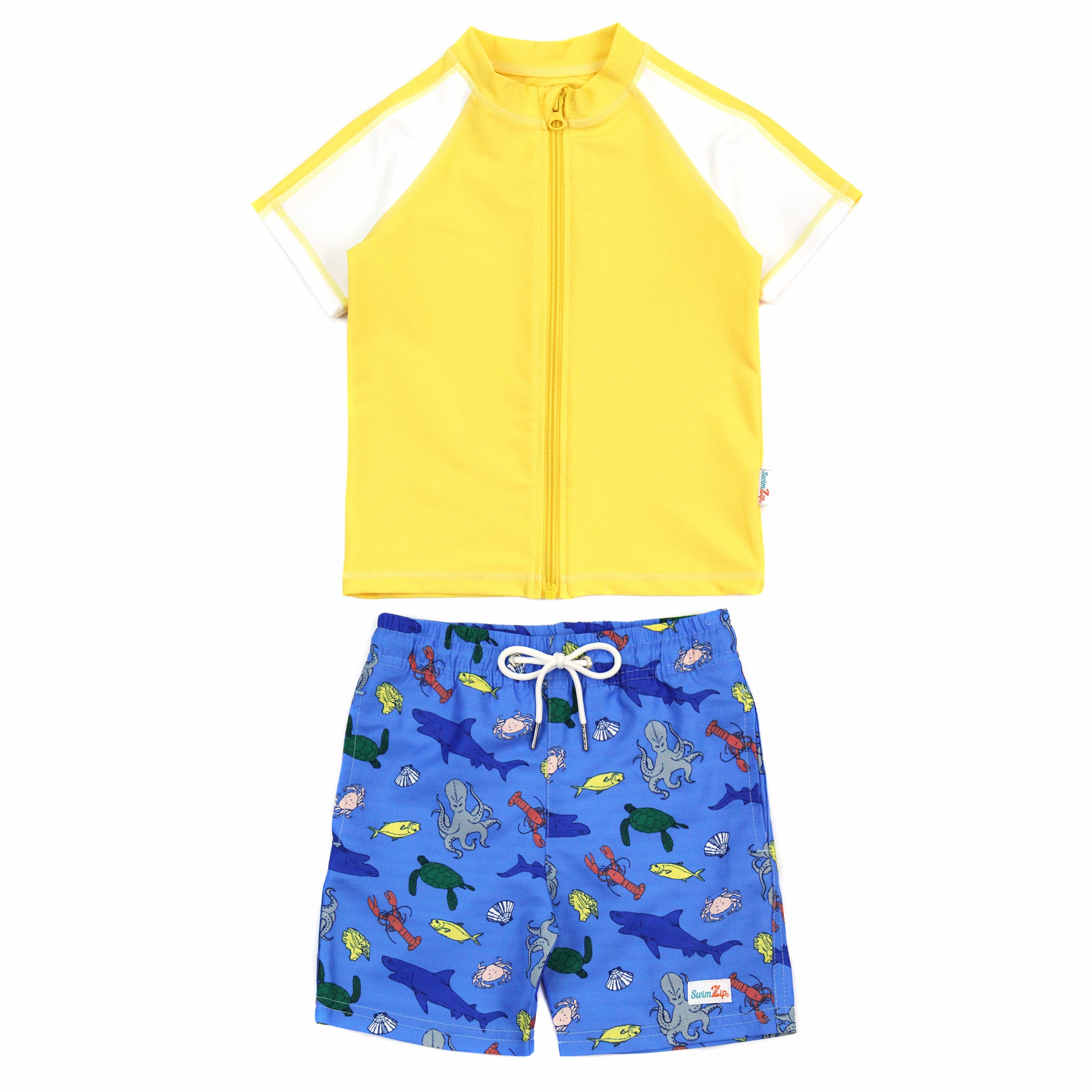 Boys Short Sleeve Zipper Rash Guard and Swim Trunk Set | "Sea Animal